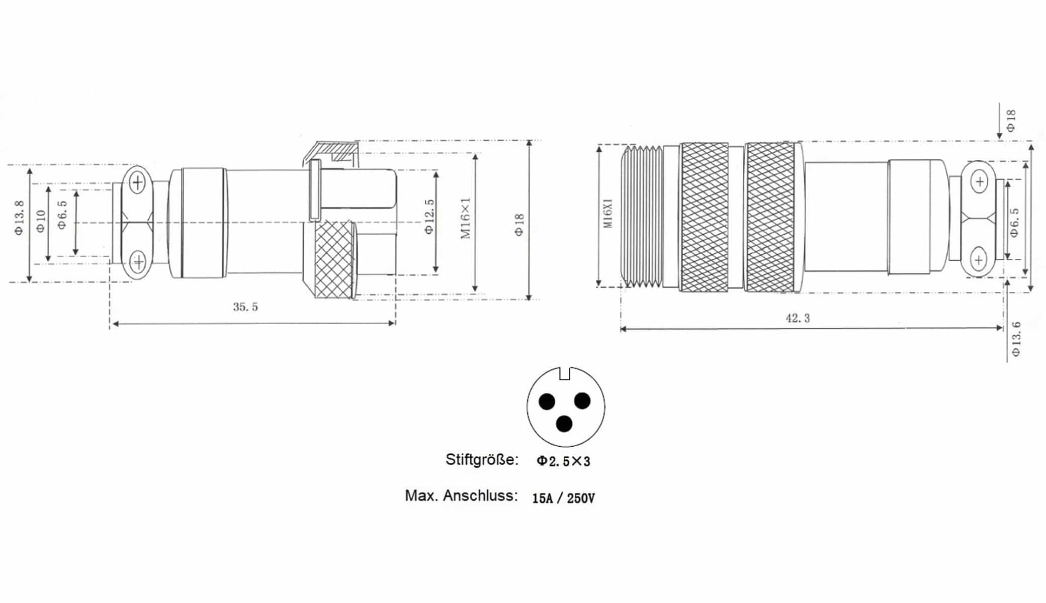 Hochstrom Steckverbinder-Set, 3-polig, Ø 16 mm, Schraubverschluss