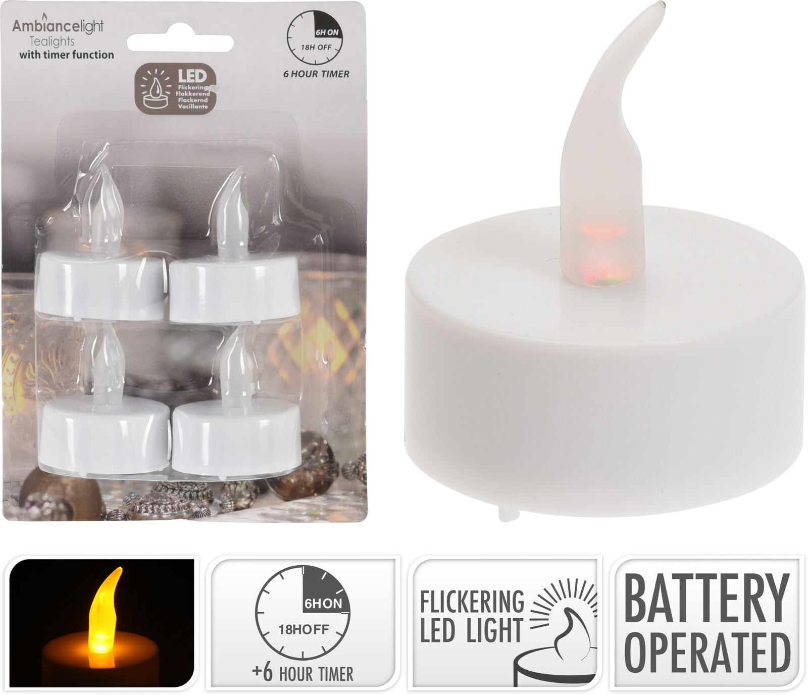 LED-Teelichter 4 St. Inkl. Batterie, mit Timerfunktion, warmweiß