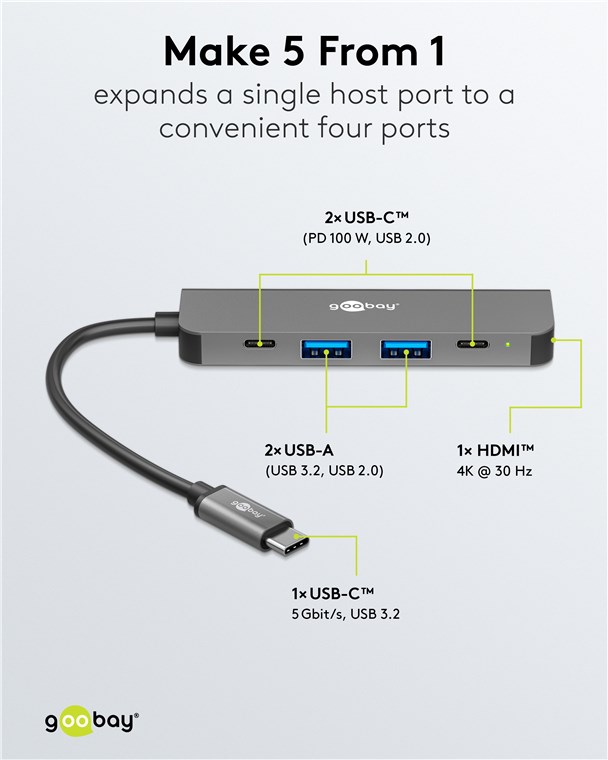 GOOBAY USB3.2 Hub 78967 Slim 5 Port USB-C auf HDMI/USB-C/USB-A 5 Gbit/s