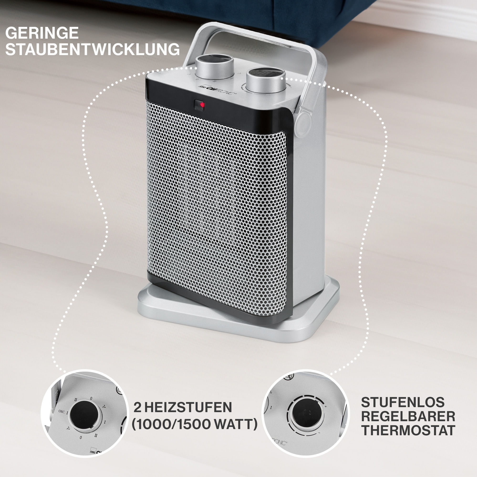 CLATRONIC Keramik-Heizlüfter HL3631, PTC-Keramik-Heizelement, 1000/1500 Watt