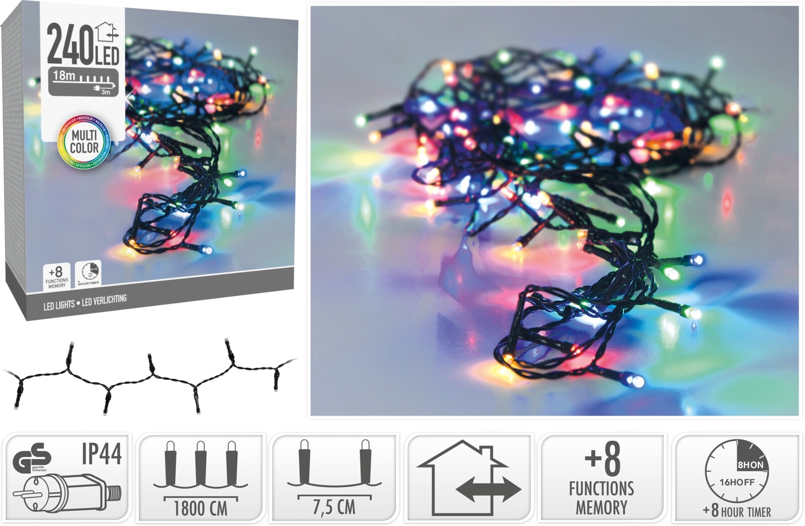 LED-Lichterkette bunt, 240 LEDs, Grünes Kabel, Innen/Außen, 21m, 8 Funk. KOOPMAN LED-Lichterkette bunt, 240 LEDs, Grünes Kabel, Innen/Außen, 21m, 8 Funk.