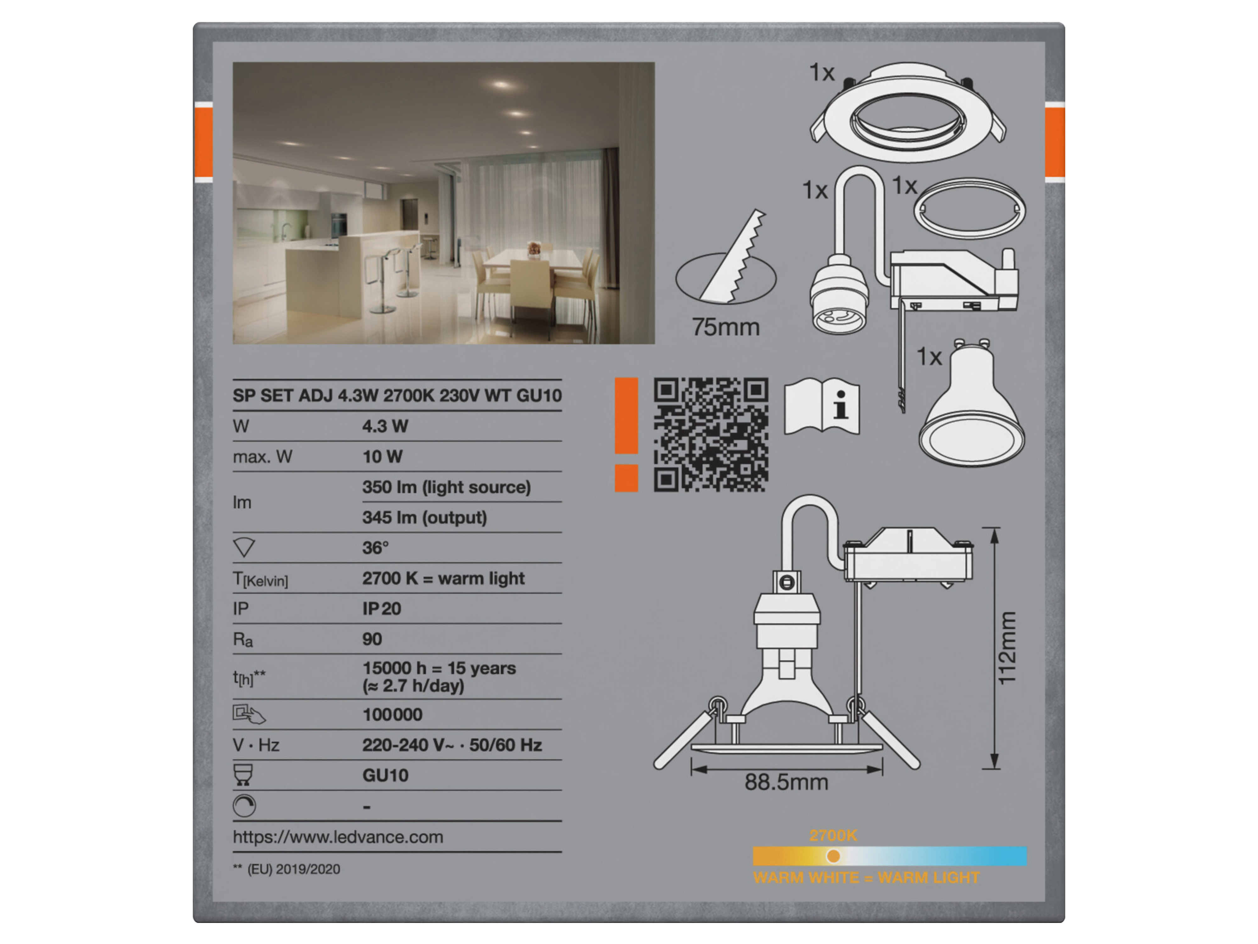 OSRAM Deckeneinbauleuchte, GU10, 4,3 W, 2700 K, IP20, mit Twistlock-System, warmweiß