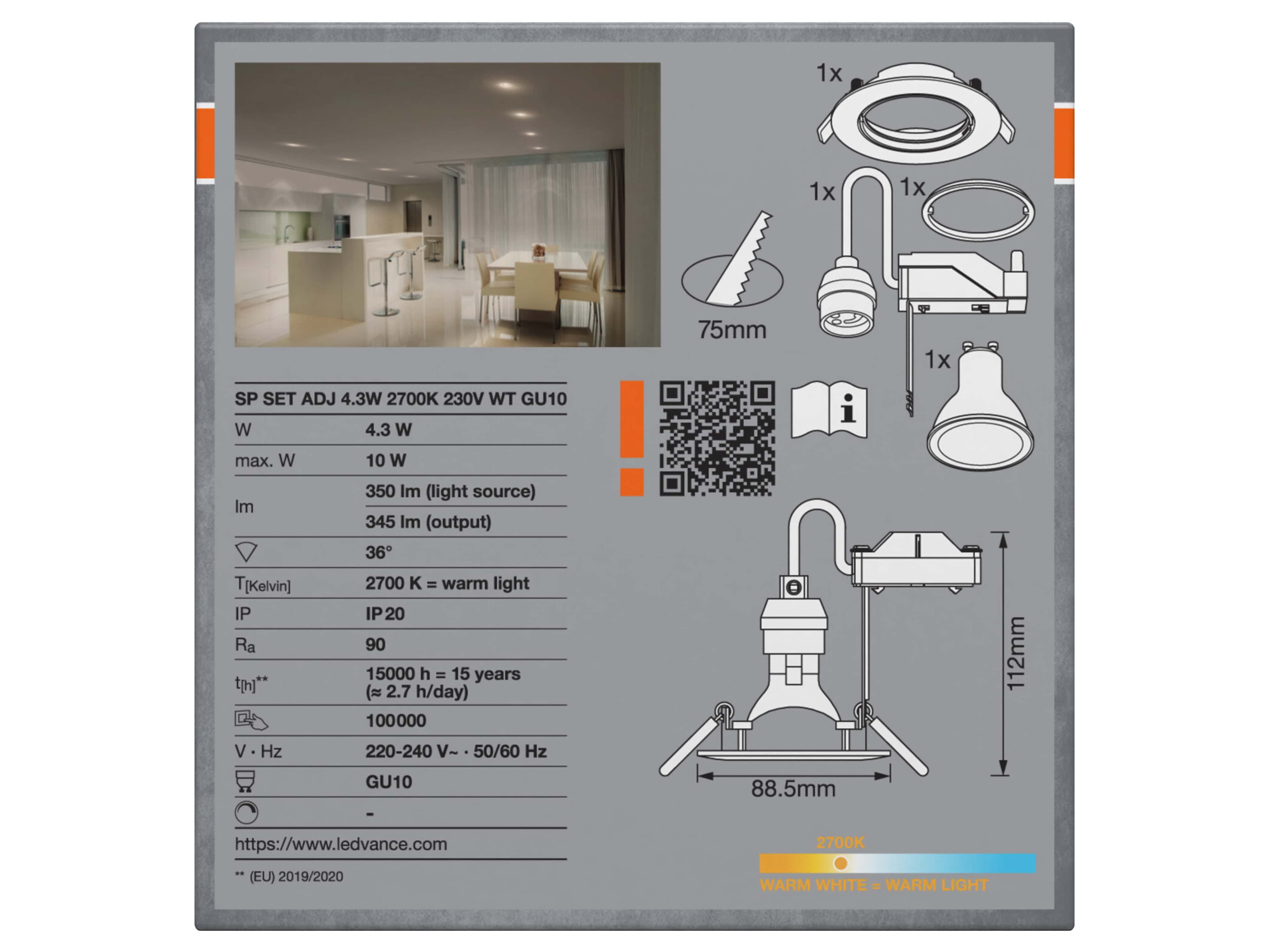 OSRAM Deckeneinbauleuchte, GU10, 4,3 W, 2700 K, IP20, mit Twistlock-System, warmweiß