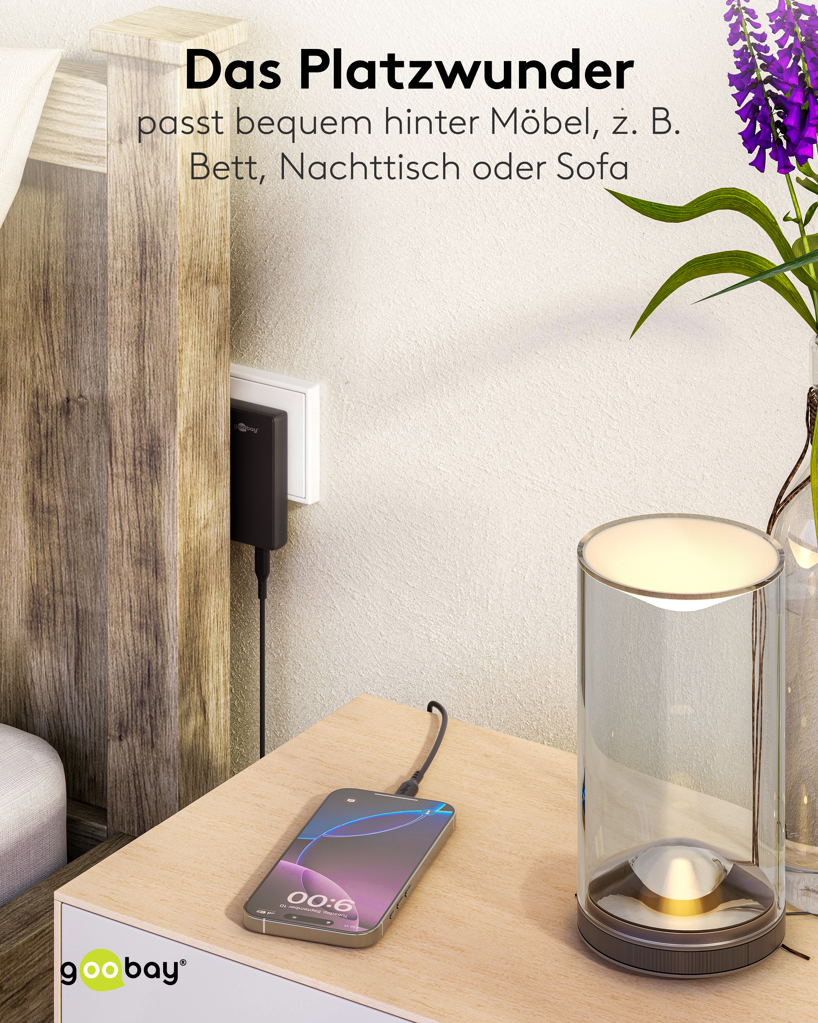 GOOBAY Dual-Schnellladegerät, 45W, 1x USB-C, 1x USB-A, 90° abgewickelt, flach, schwarz