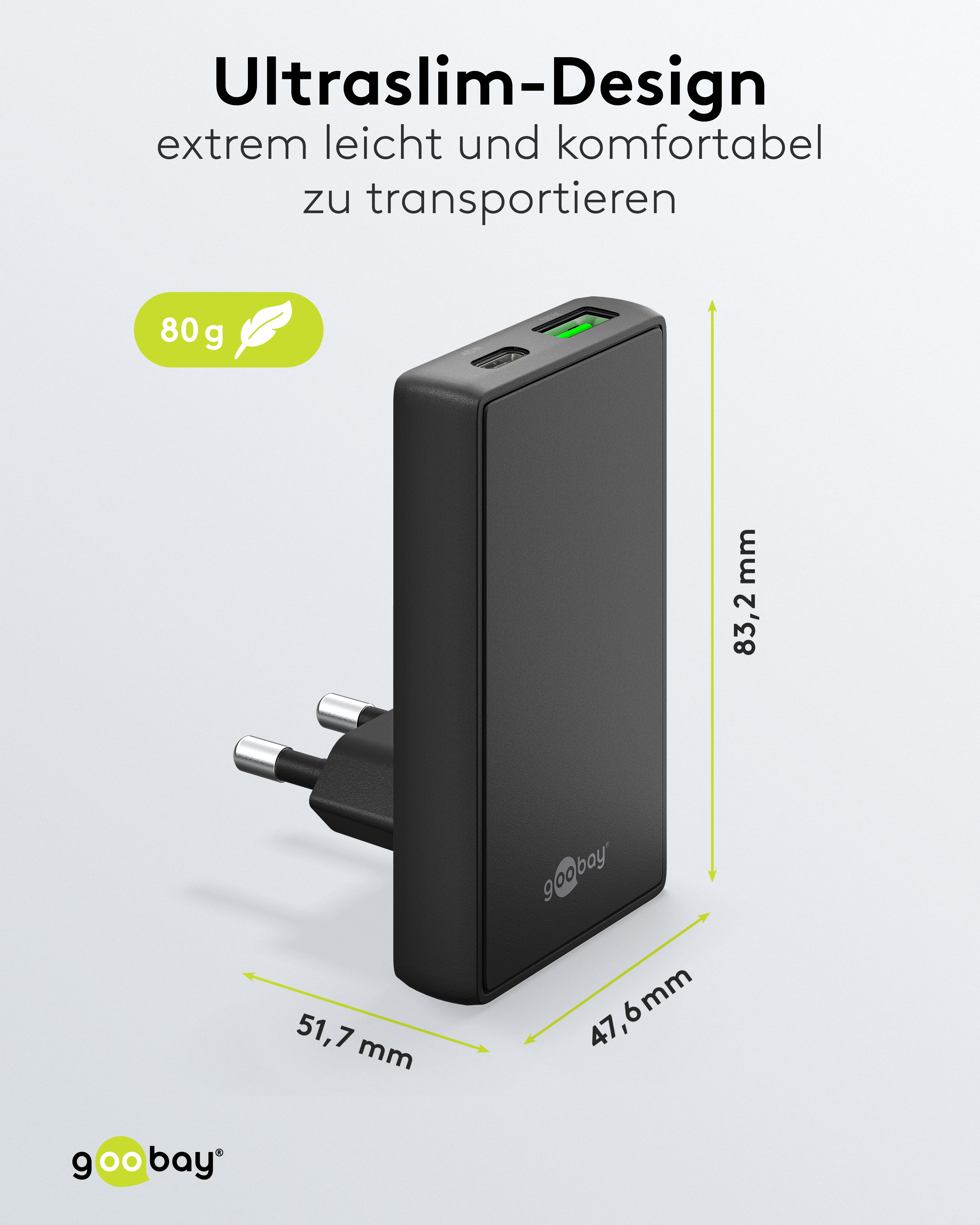 GOOBAY Dual-Schnellladegerät, 45W, 1x USB-C, 1x USB-A, 90° abgewickelt, flach, schwarz