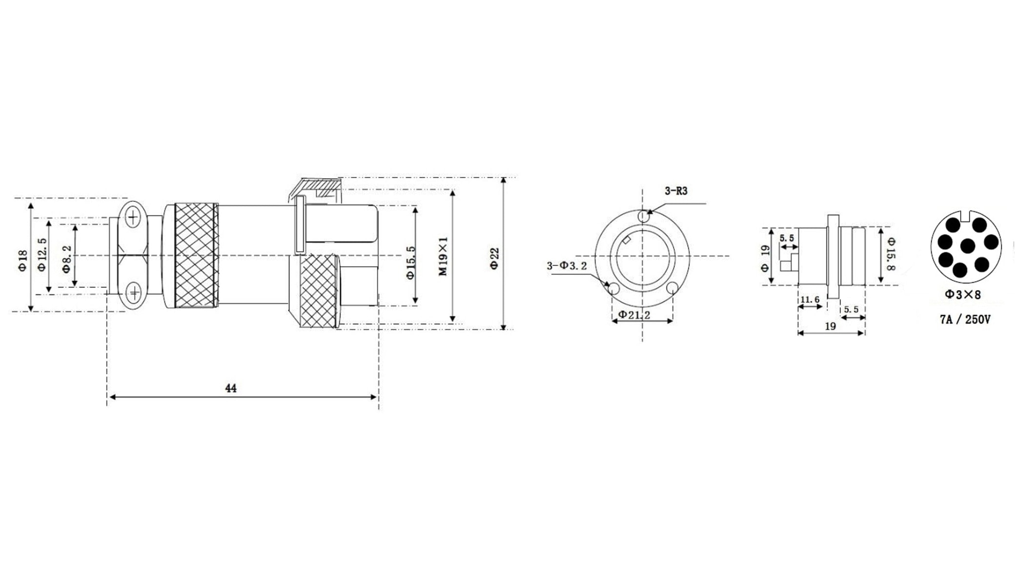 Hochstrom Einbaustecker-Set, 8-polig, Ø 19 mm, mit Abdeckkappe Hochstrom Einbaustecker-Set, 8-polig, Ø 19 mm, mit Abdeckkappe