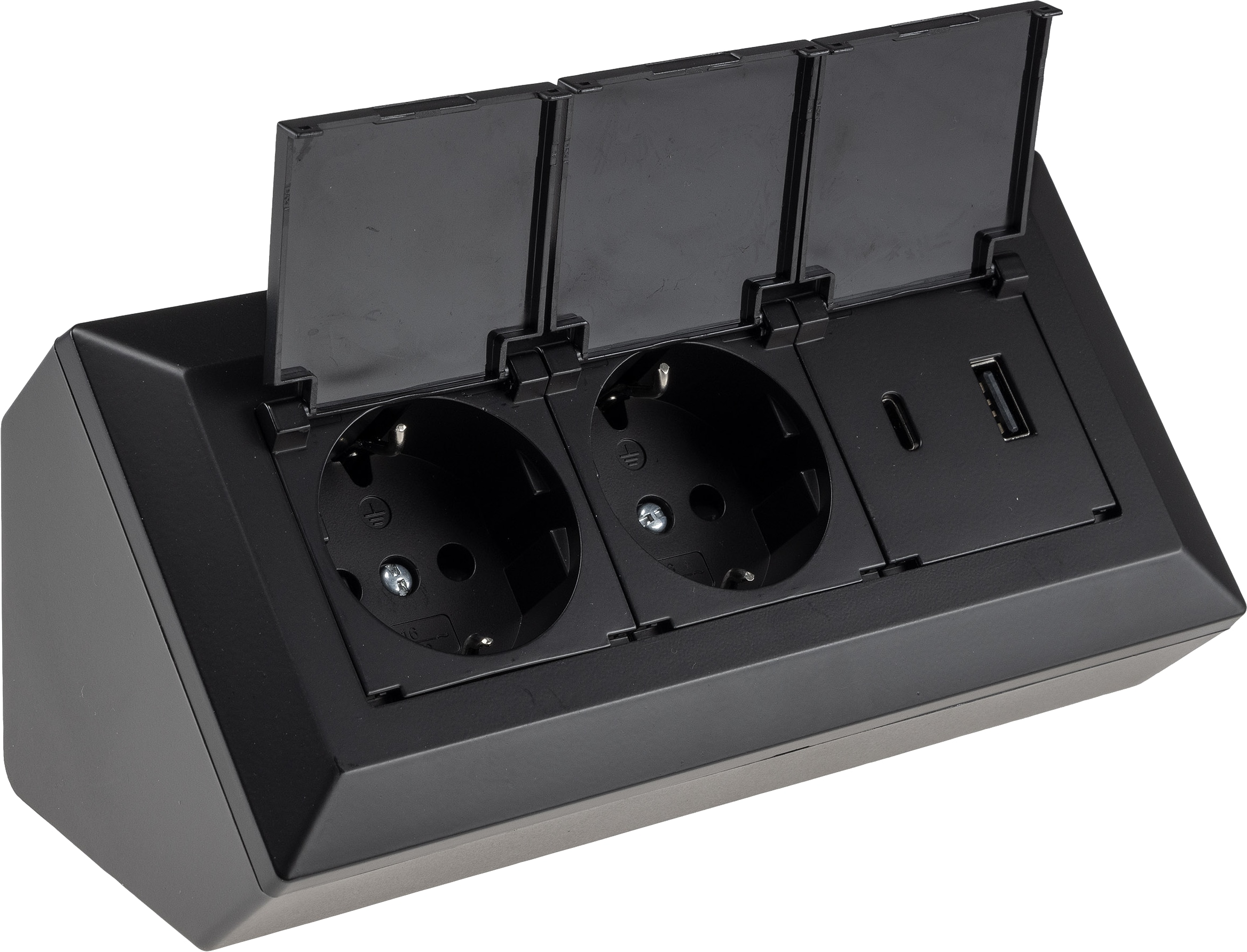 CHILITEC Steckdosenblock 23953, 2-fach, mit Schutzklappen, USB-A+C, schwarz