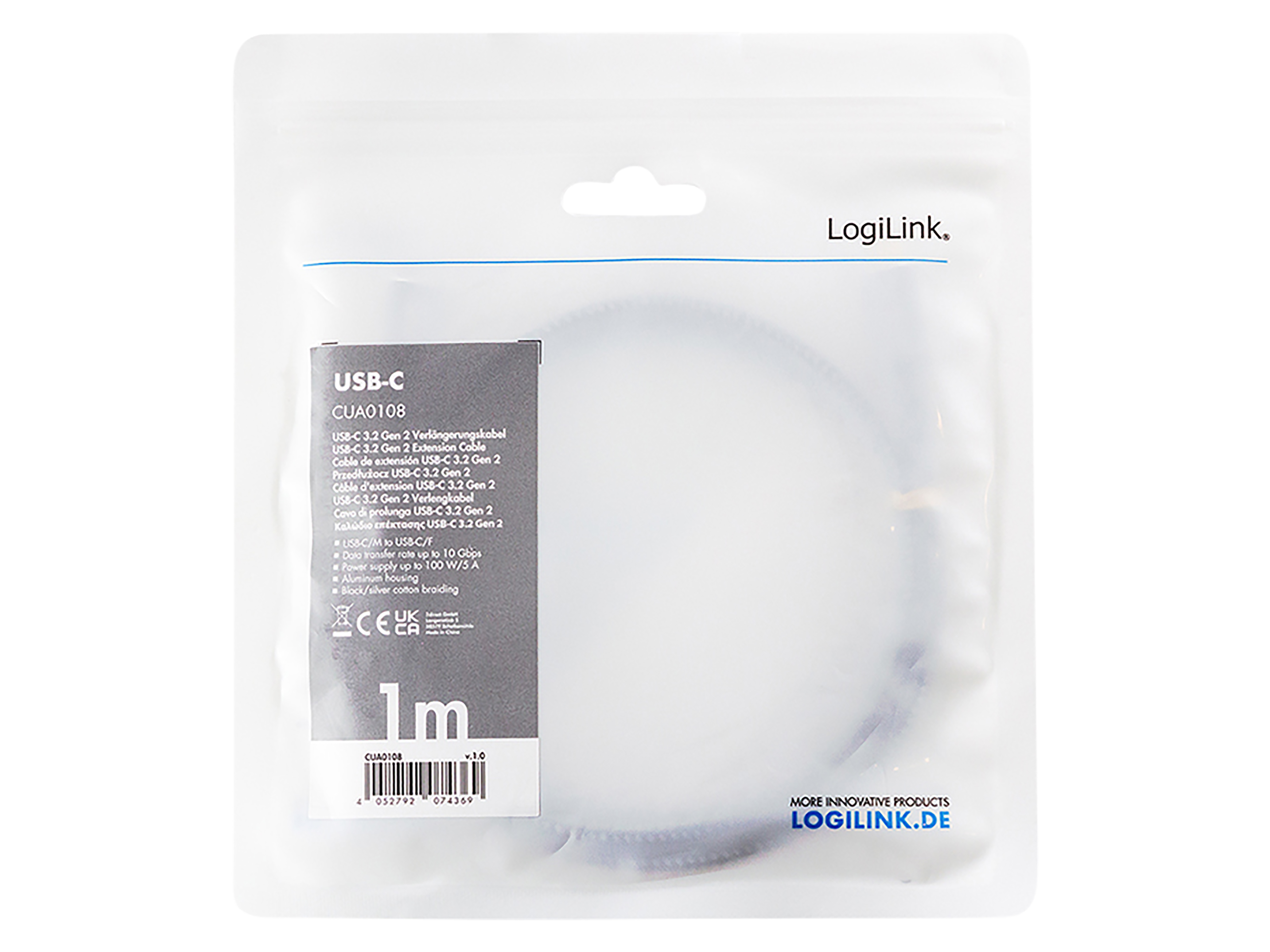 LOGILINK USB3.2 Kabel CUA0108 USB-C M/USB-C F PD Alu 2m schwarz/grau