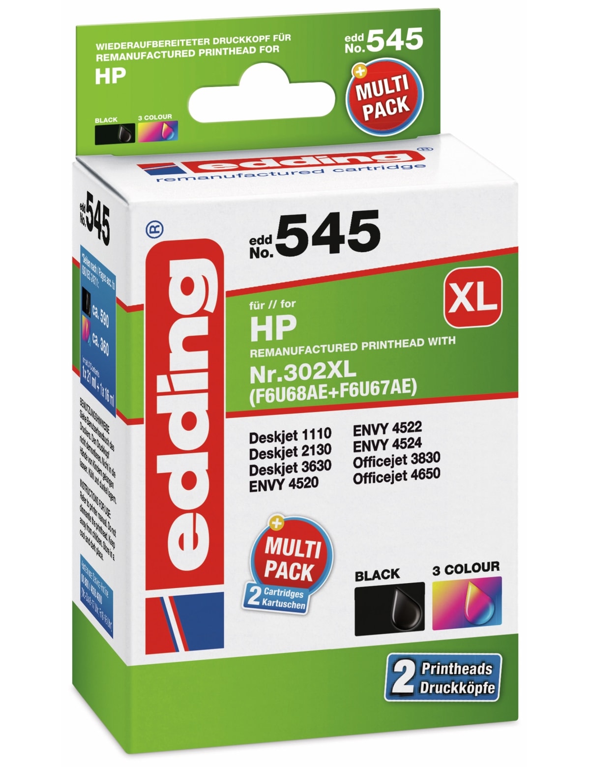 EDDING Tintenpatrone EDD-545, für HP HP 302XL/302XL (F6U68AE/F6U67AE), Multipack 2