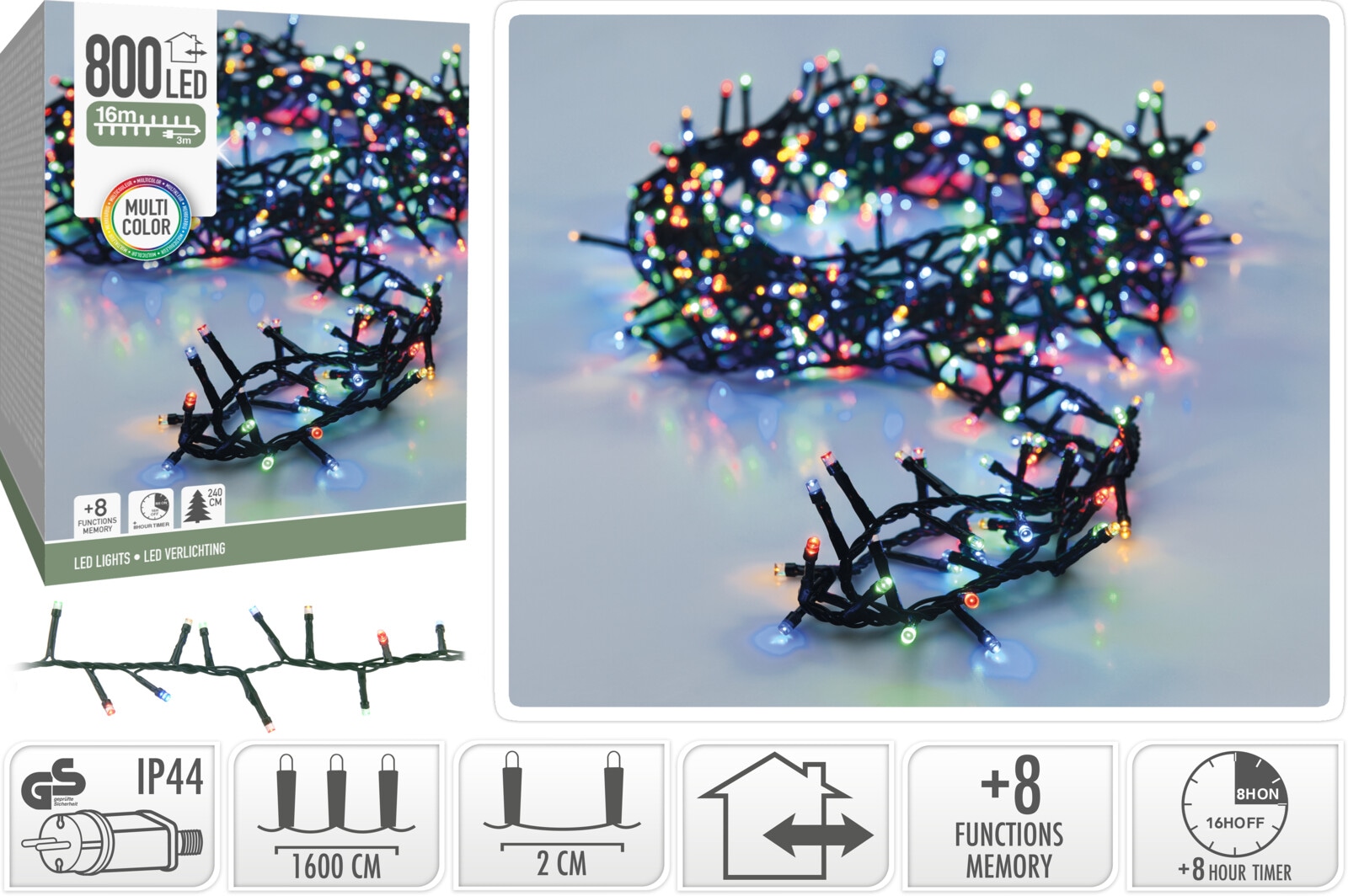 KOOPMAN LED-Clusterlichterkette bunt, 800 LEDs, Grünes Kabel, Innen/Außen, 19m