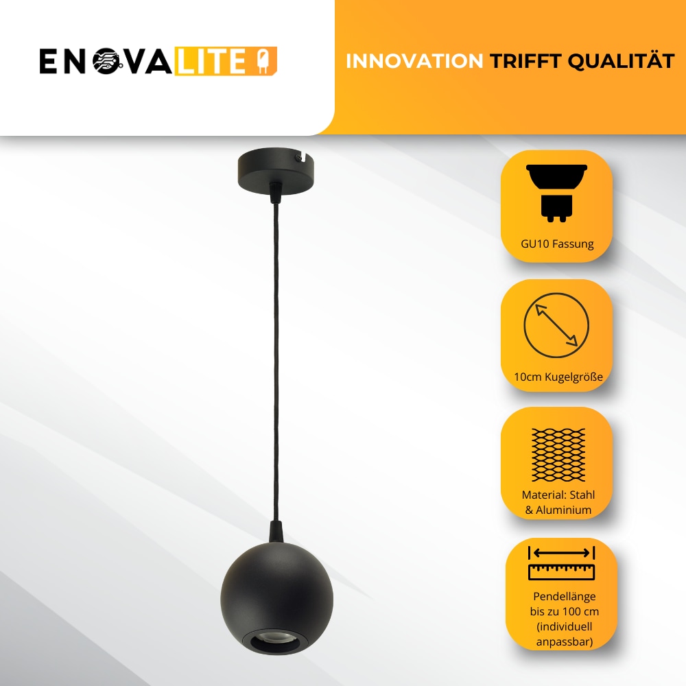 ENOVALITE LED-Pendellampe GLOBE, GU10-Fassung, IP20, Ø10cm, 1flammig, schwarz