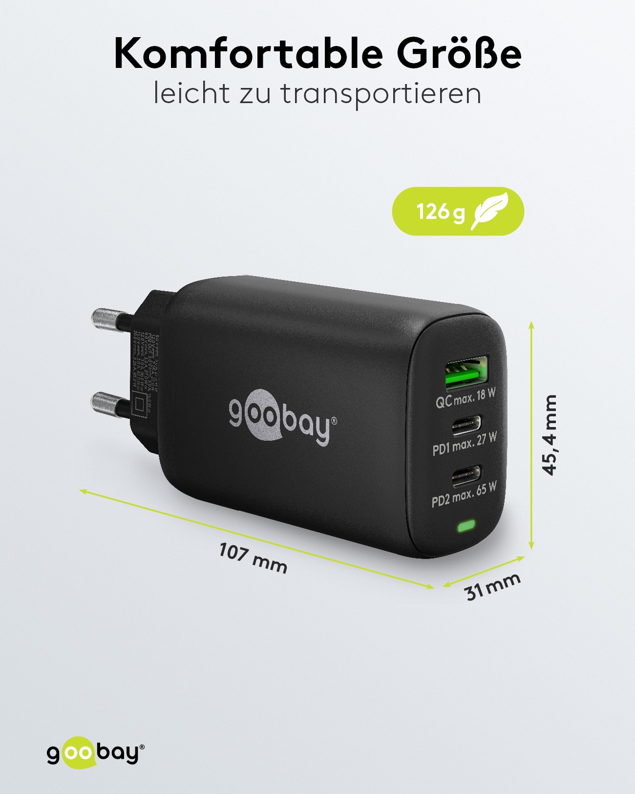 GOOBAY USB-Lader 65407, 65 W, 3-fach, 2xC PD, 1xA QC GaN, schwarz GOOBAY USB-Lader 65407, 65 W, 3-fach, 2xC PD, 1xA QC GaN, schwarz