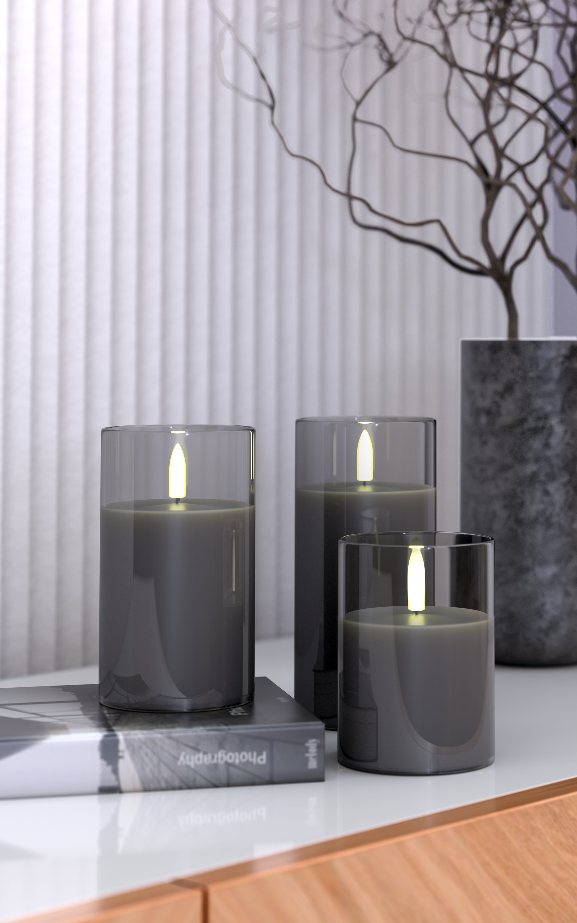 GOOBAY LED-Echtwachskerze, Glas, Timerfunktion, 3 Stück, warmweiß, gold