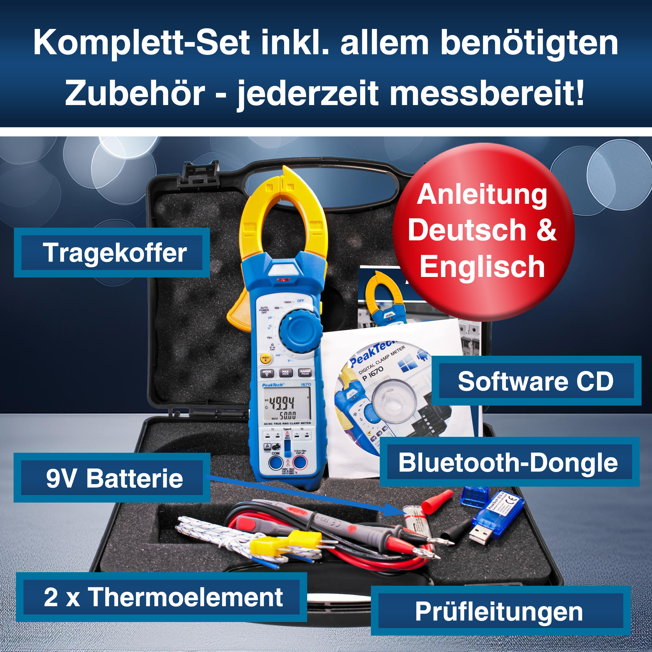 PEAKTECH True RMS Stromzange, P 1670, 1000 A AC/ DC, Bluetooth PEAKTECH True RMS Stromzange, P 1670, 1000 A AC/ DC, Bluetooth