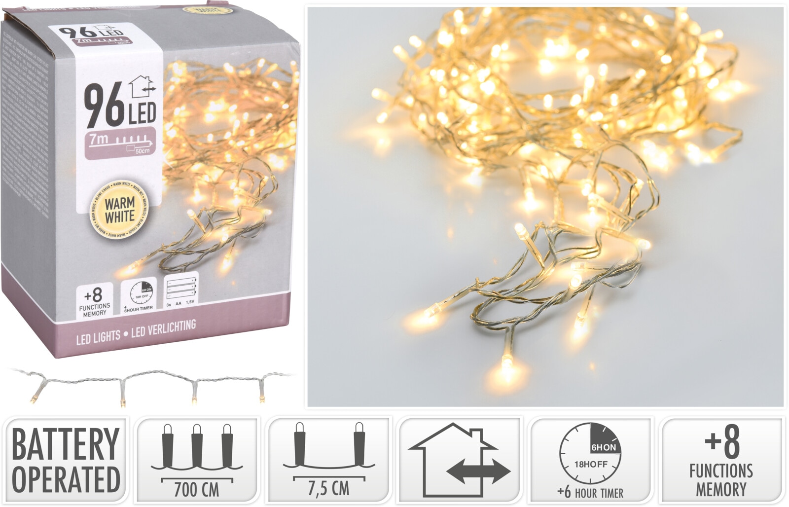 LED-Lichterkette, 96 LEDs, warmweiß, transparentes Kabel, Batteriebetrieben, Innen u. Außen, 7m LED-Lichterkette, 96 LEDs, warmweiß, transparentes Kabel, Batteriebetrieben, Innen u. Außen, 7m