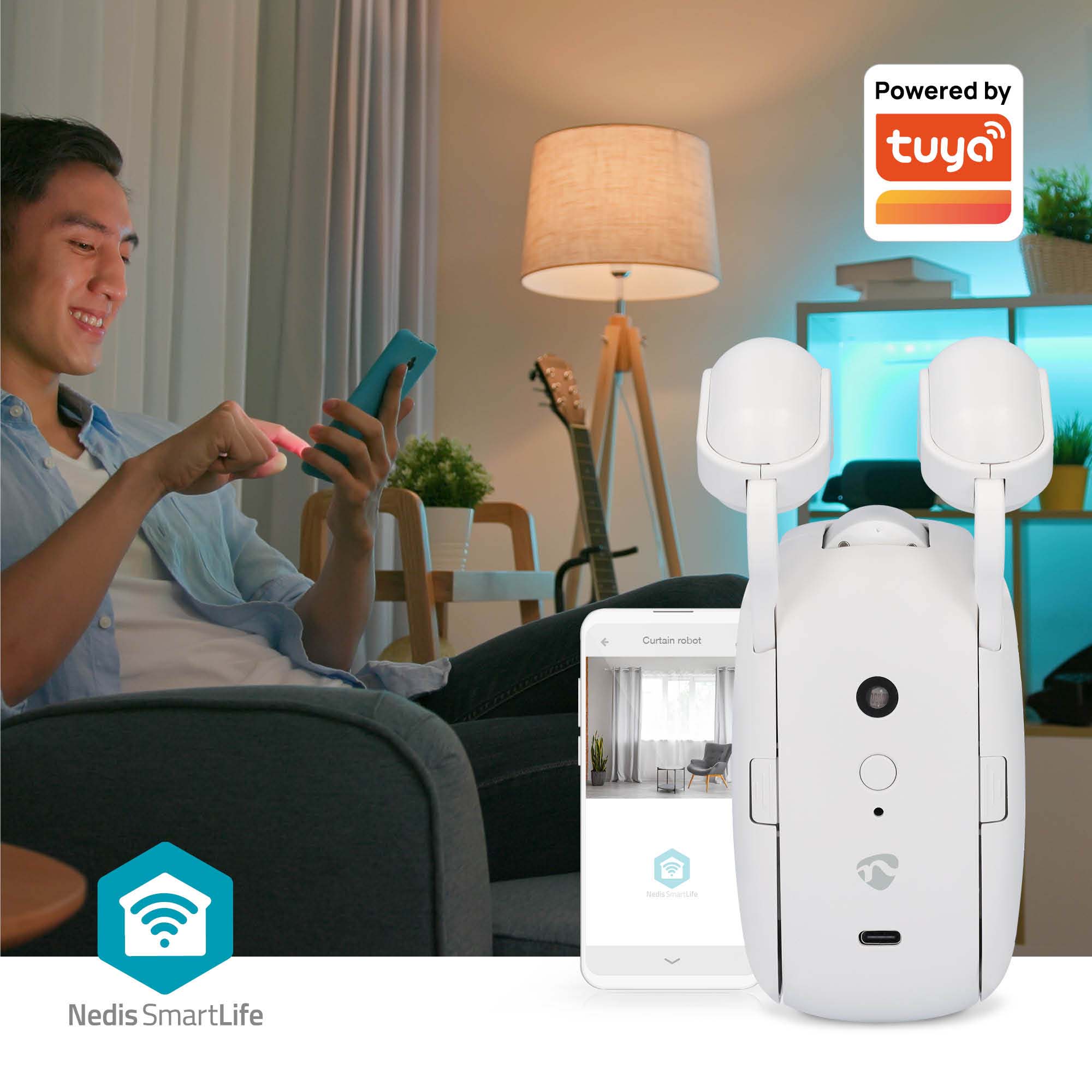 NEDIS Vorhangroboter SmartLife, USB-/Batteriebetrieben, Stangenschiene, weiß