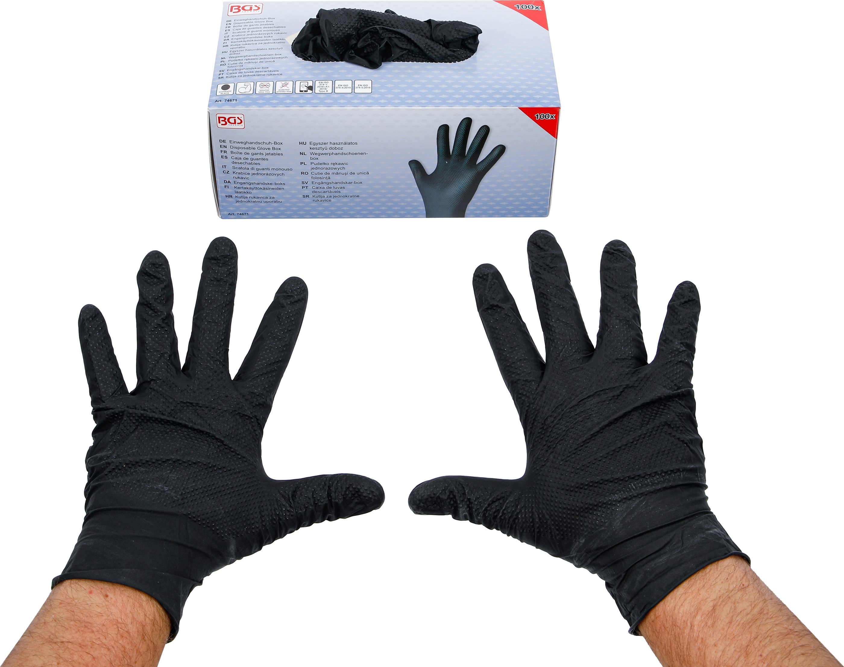 BGS TECHNIC Einweghandschuhe-Box, Nitril, Gr.XL, mit extra Griffigkeit, 100 Stück