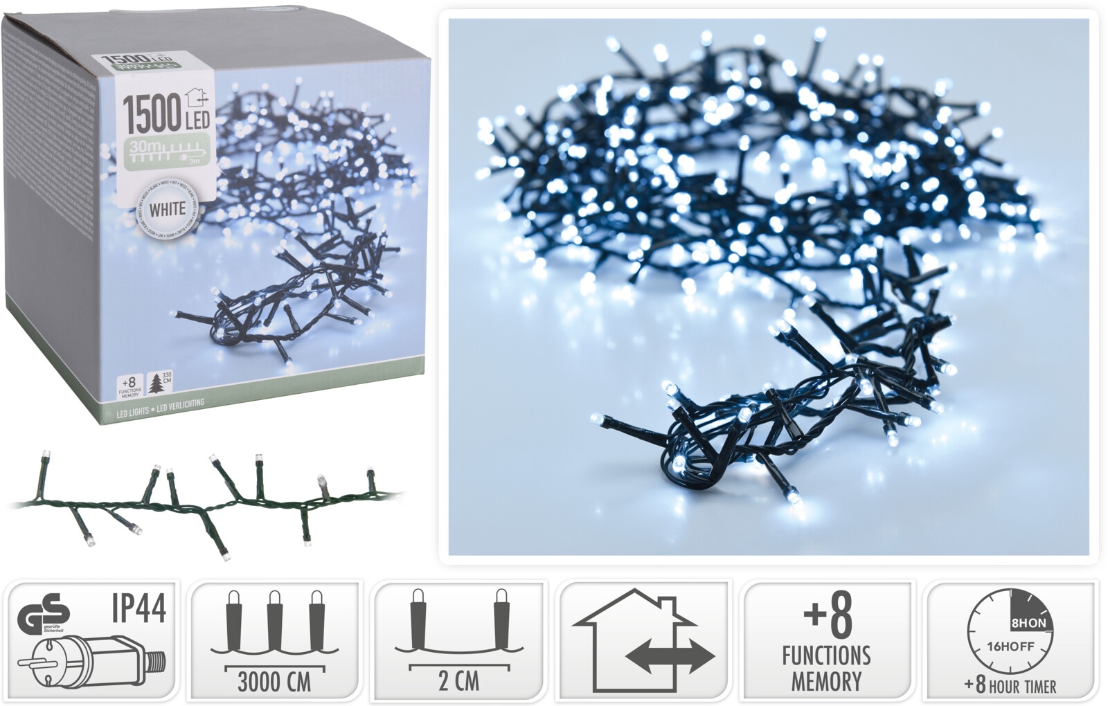 LED-Clusterlichterkette, 1500 LEDs, kaltweiß, 230 V~, grün, Innen/Außen, 33 m, Timer LED-Clusterlichterkette, 1500 LEDs, kaltweiß, 230 V~, grün, Innen/Außen, 33 m, Timer