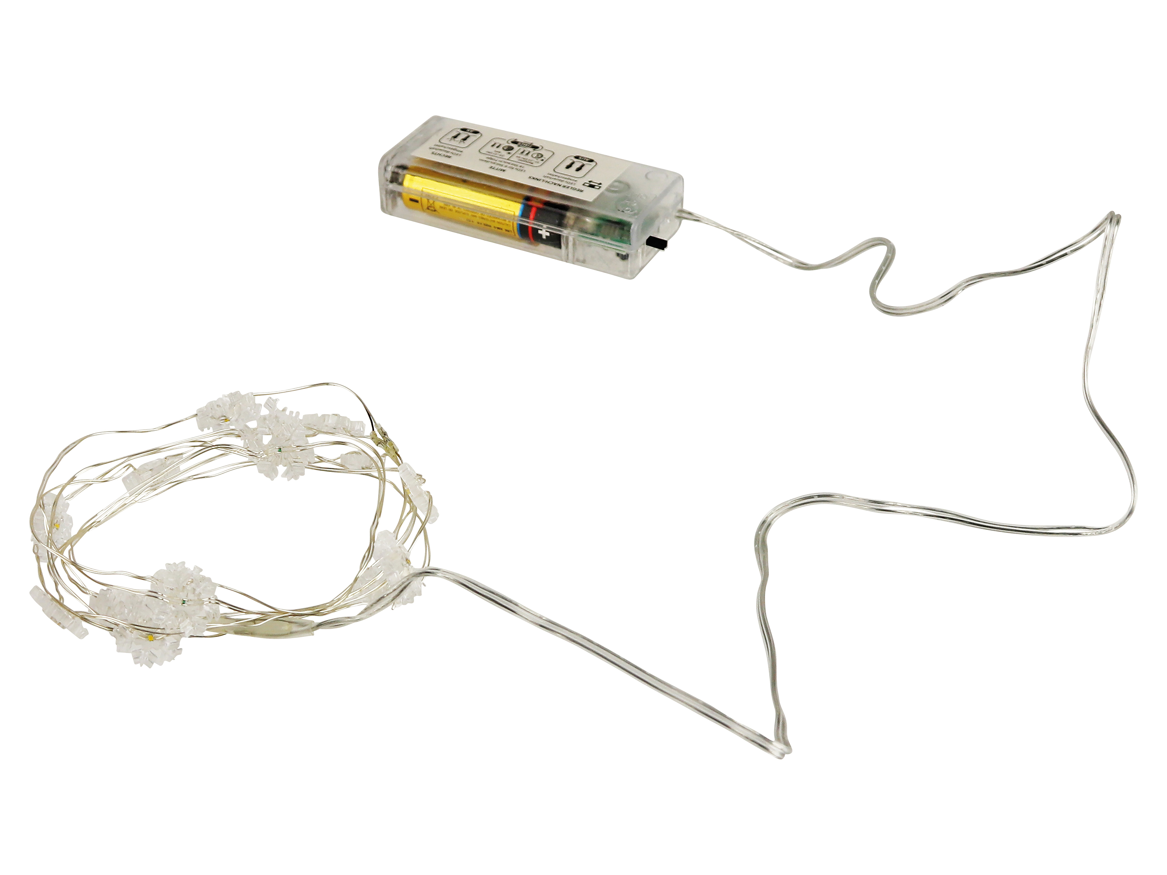 Micro-LED-Lichterkette, Schneeflocken, 3V, 15 LEDs, Silberdraht, warmweiß, 1,90m