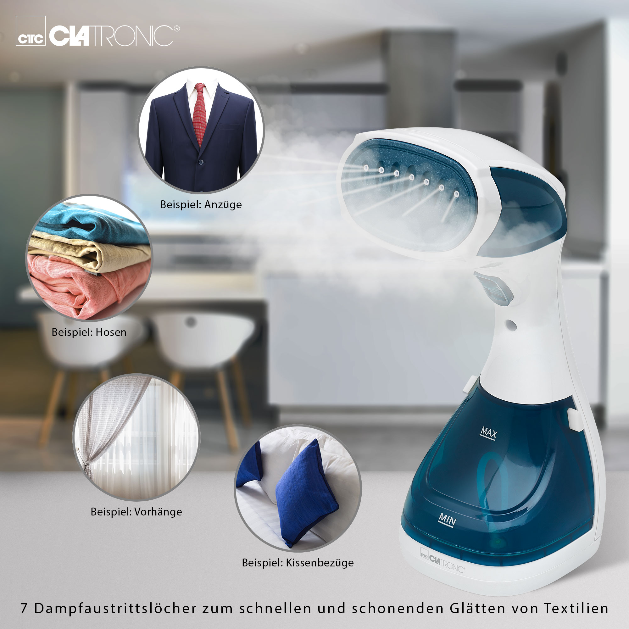 CLATRONIC Dampfglätter DB 3717, inkl. Bürsten- und Flusenaufsatz, 1100 W, weiß/blau