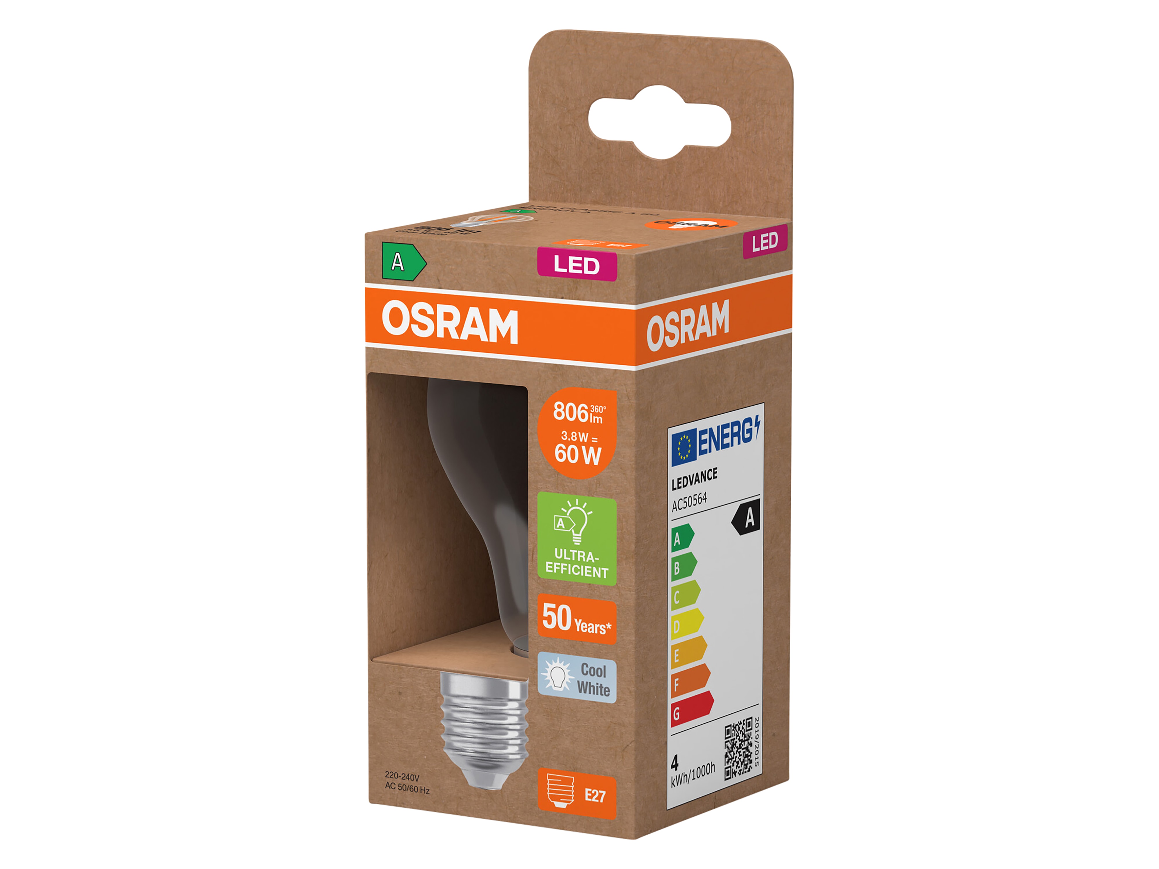 OSRAM LED-Lampe, Kolbenform, E27, 3,8 W, 4000 K, EEK: A, 806 lm, neutralweiß