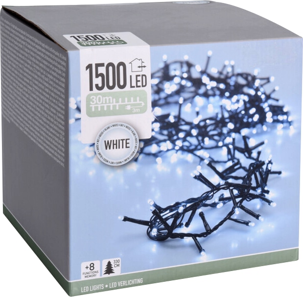 LED-Clusterlichterkette kaltweiß, 1500 LEDs, grünes Kabel, Innen/Außen, 33 m