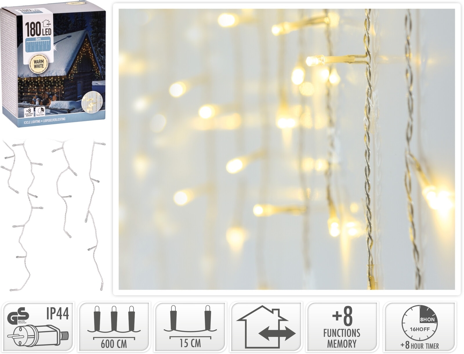 KOOPMAN LED-Lichtervorhang warmweiß, 180 LEDs, transparentes Kabel, Innen/Außen, 9m