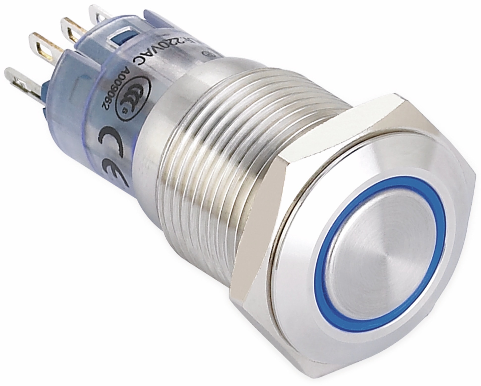 ONPOW Schalter, 24 V/DC, 1x Off/(On), Beleuchtung blau, Lötanschluss, flach rund, Edelstahl, 16 mm