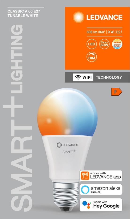 LEDVANCE LED-Lampe SMART+ WiFi Classic, A60, E27, EEK: F, 9 W, 806 lm, 2700…6500 K, Smart