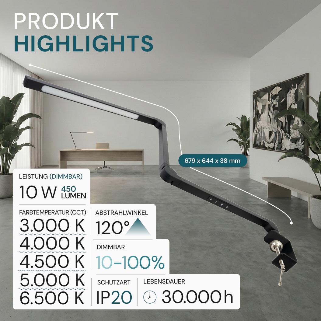LUXULA LED-Schreibtischleuchte mit Clip, 10 W, CCT, EEK: F, 450 lm, IP20, schwarz