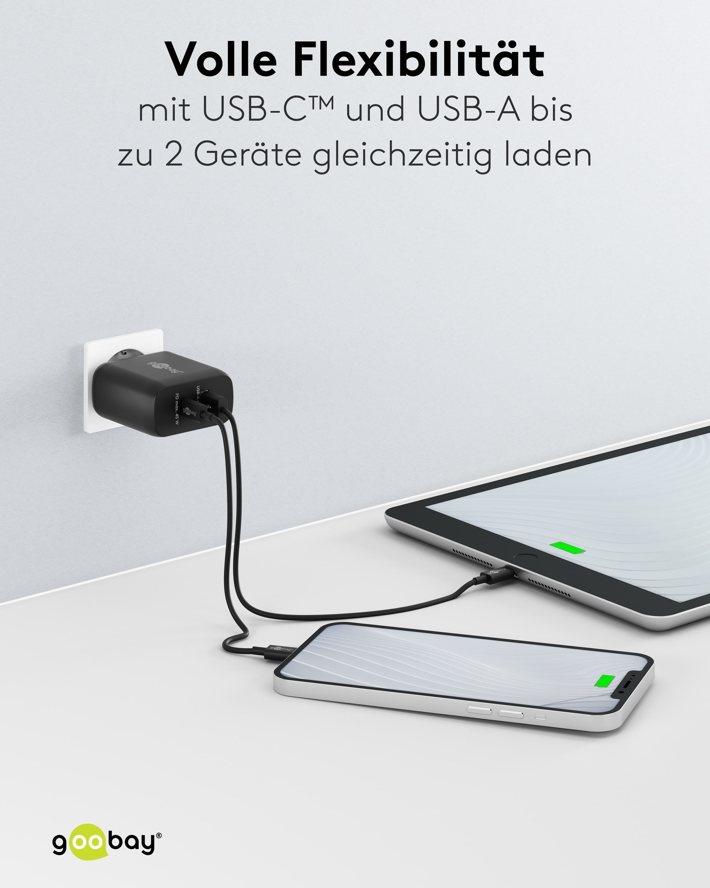 GOOBAY USB-Lader 65411, 45 W, 2-fach, 1xC PD, 1xA GaN, schwarz GOOBAY USB-Lader 65411, 45 W, 2-fach, 1xC PD, 1xA GaN, schwarz
