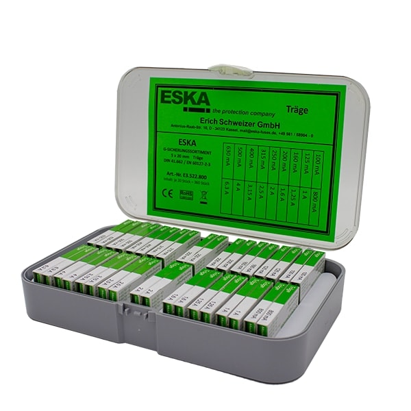 ESKA Feinsicherung-Sortiment, E3522800, (Ø x L) 5 mm x 20 mm Träge -T- Inhalt 360 St. ESKA Feinsicherung-Sortiment, E3522800, (Ø x L) 5 mm x 20 mm Träge -T- Inhalt 360 St.