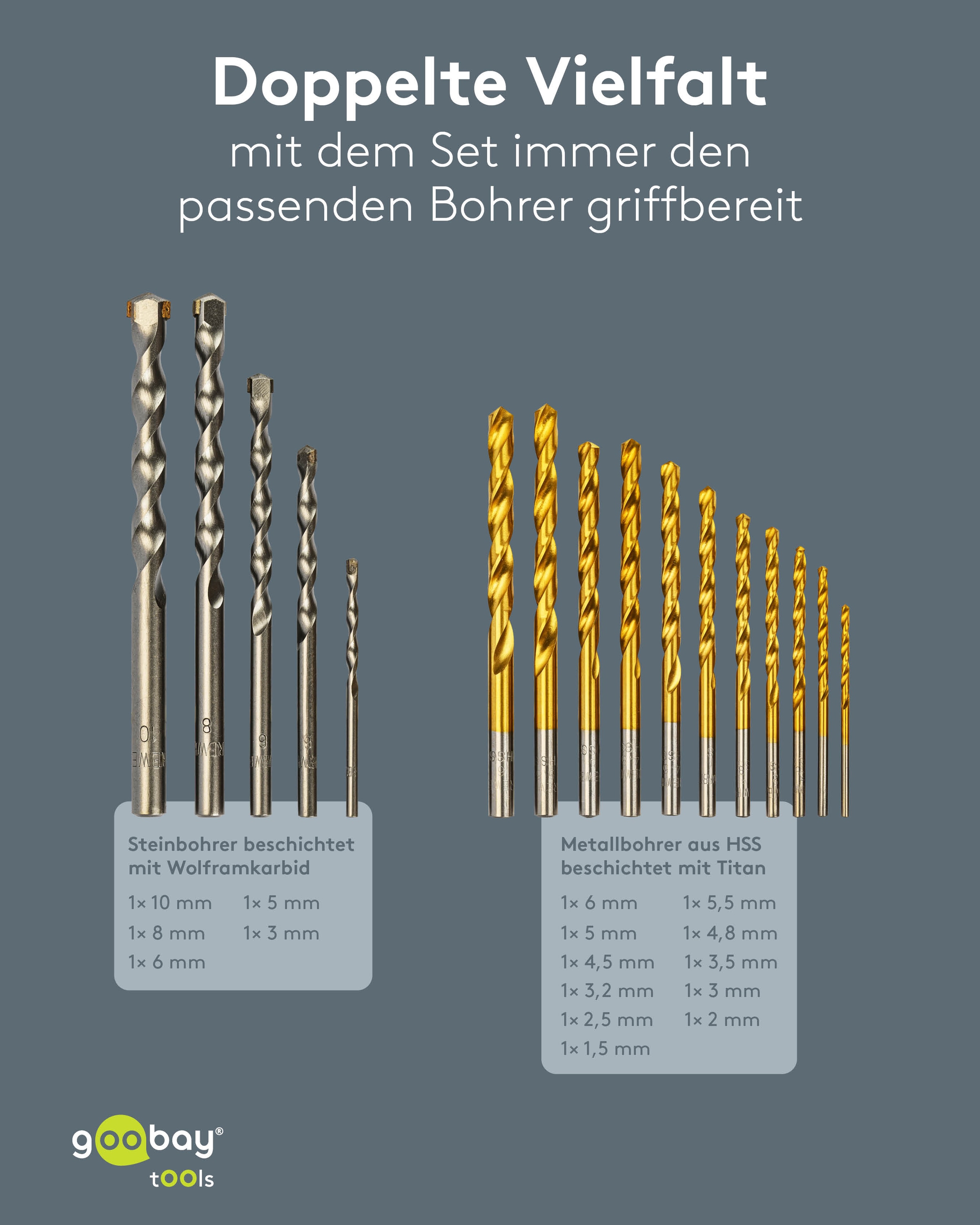 GOOBAY TOOLS Metall- & Steinbohrer-Set, 77848, 1,5-10 mm, 17-teilig