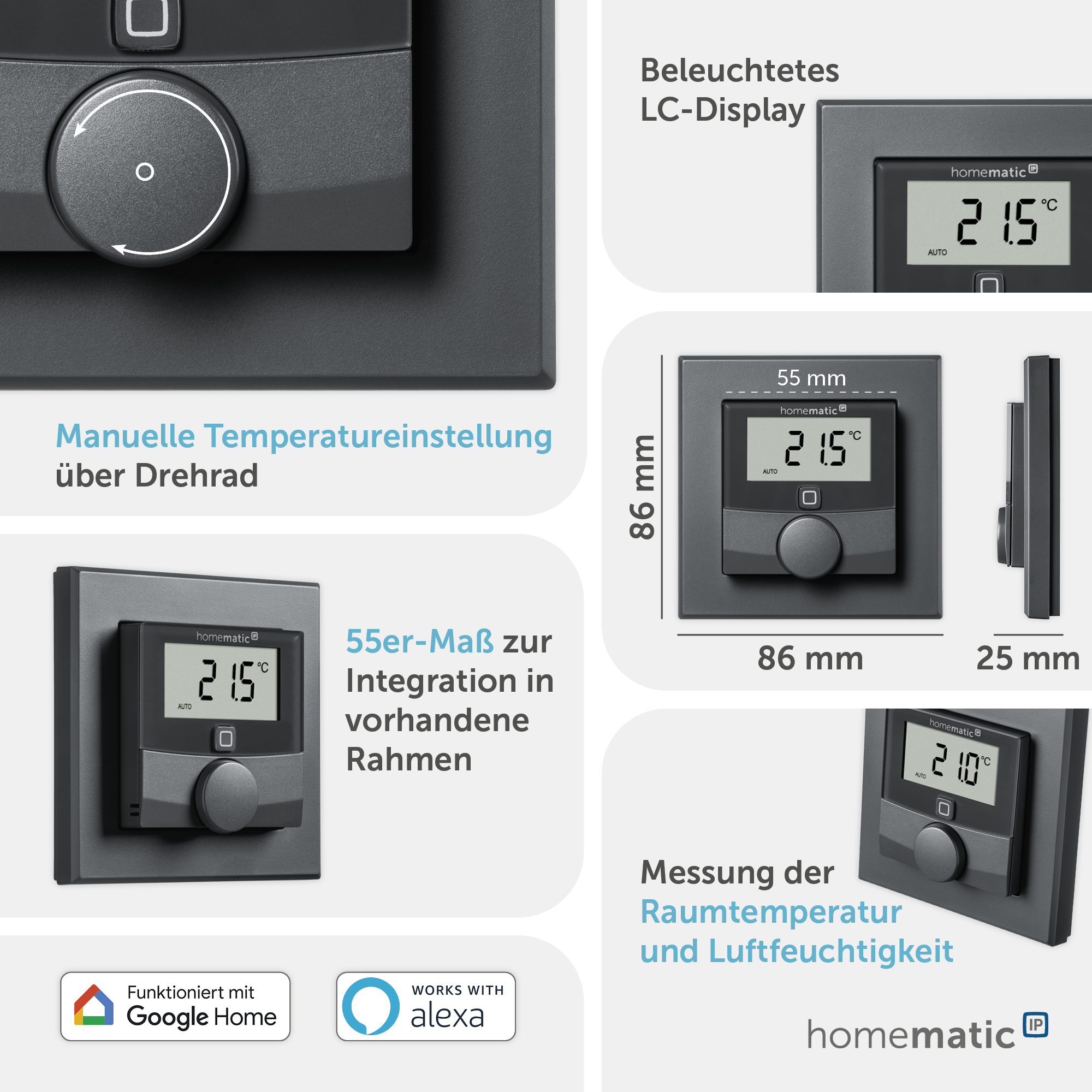 HOMEMATIC IP 159820A0, Wandthermostat Luftfeuchtigkeitssensor, anthrazit