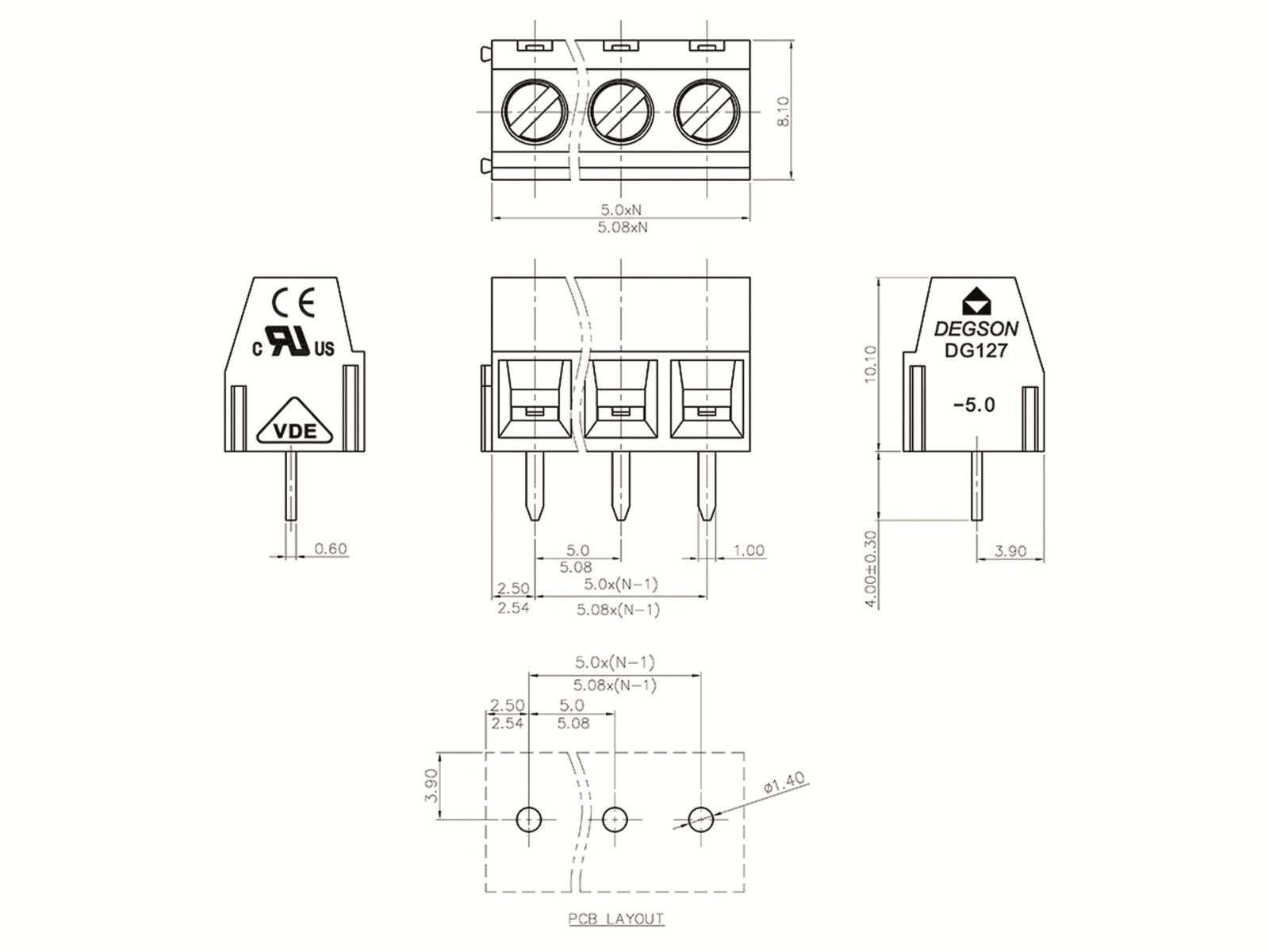 DEGSON Klemmleiste, DG127-5.08-04P-14-00AH, RM 5,08 4 polig grün