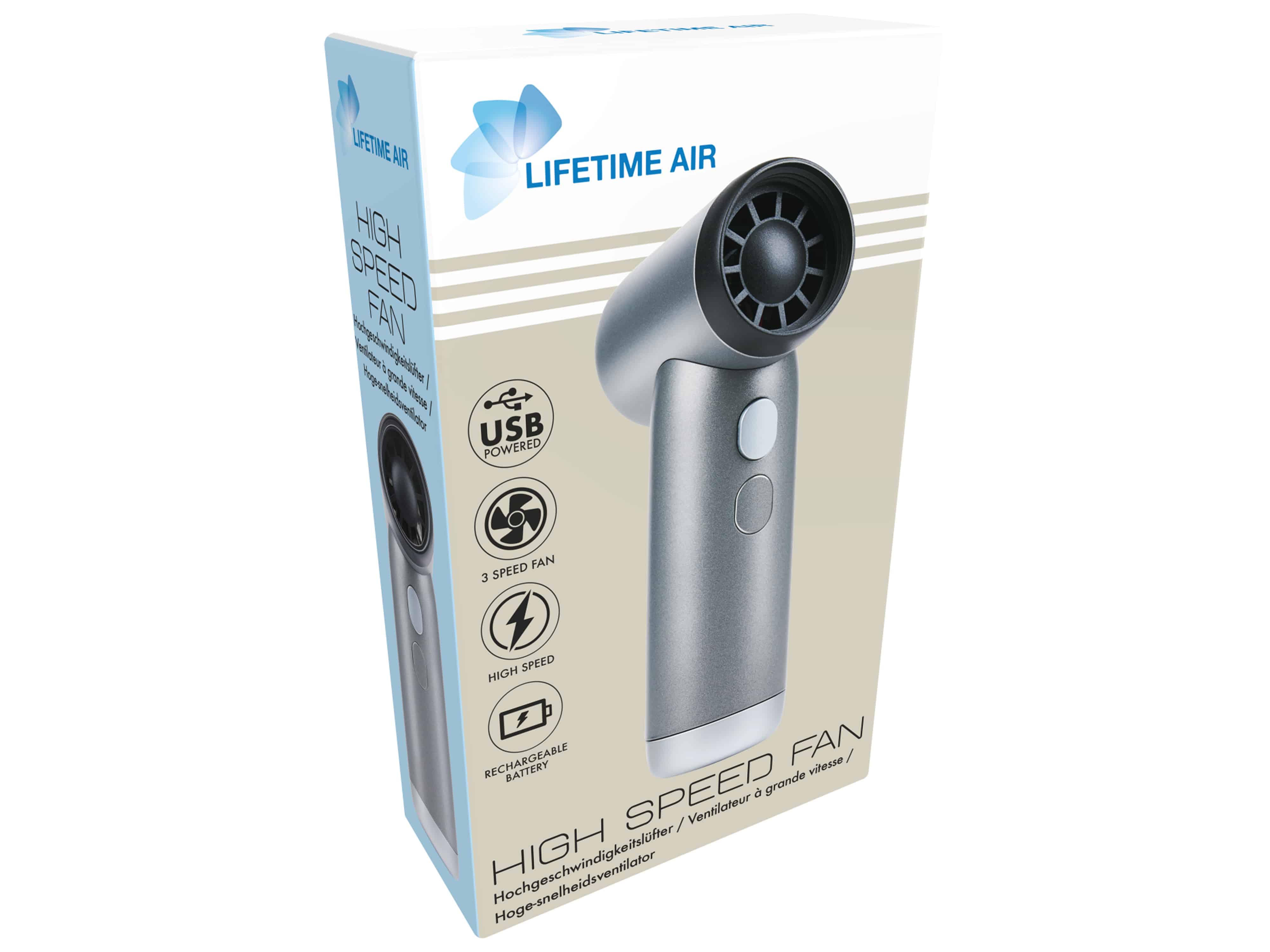 LIFETIME AIR USB-Handventilator 3 Geschwindigkeiten, 1100mAh, silber