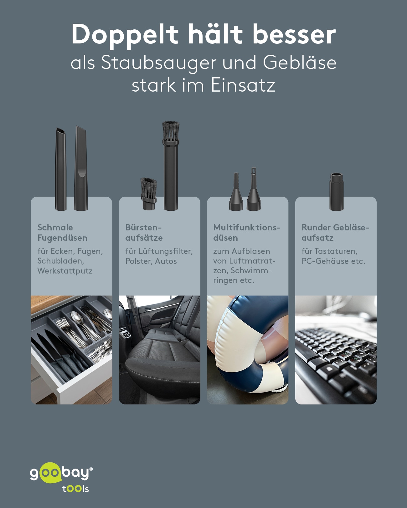 GOOBAY TOOLS Akku-Handstaubsauger, 120 W, mit 10 Aufsätzen, schwarz