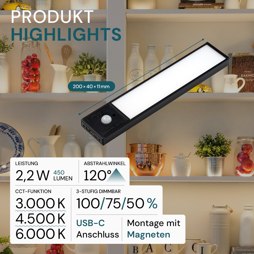 LUXULA LED-Schrankleuchte mit Bewegungsmelder, 2,2W, 450lm, CCT, IP20, schwarz, 20cm