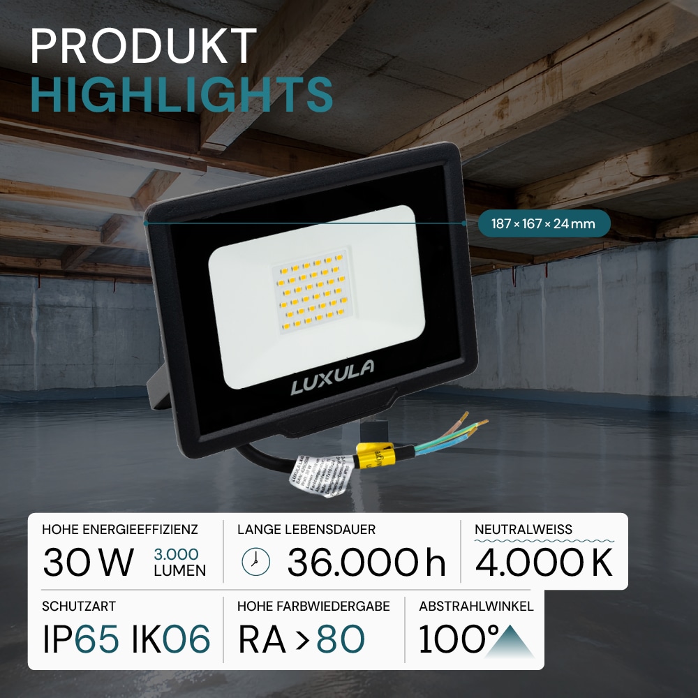 LUXULA LED-Fluter, EEK: F, 30W, 3000lm, 4000K, schwarz