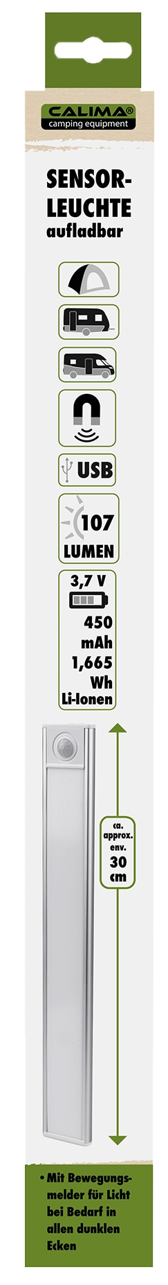 CALIMA CAMPING EQUIPMENT Sensorleuchte, 46082, Unterbau, aufladbar, 30 cm