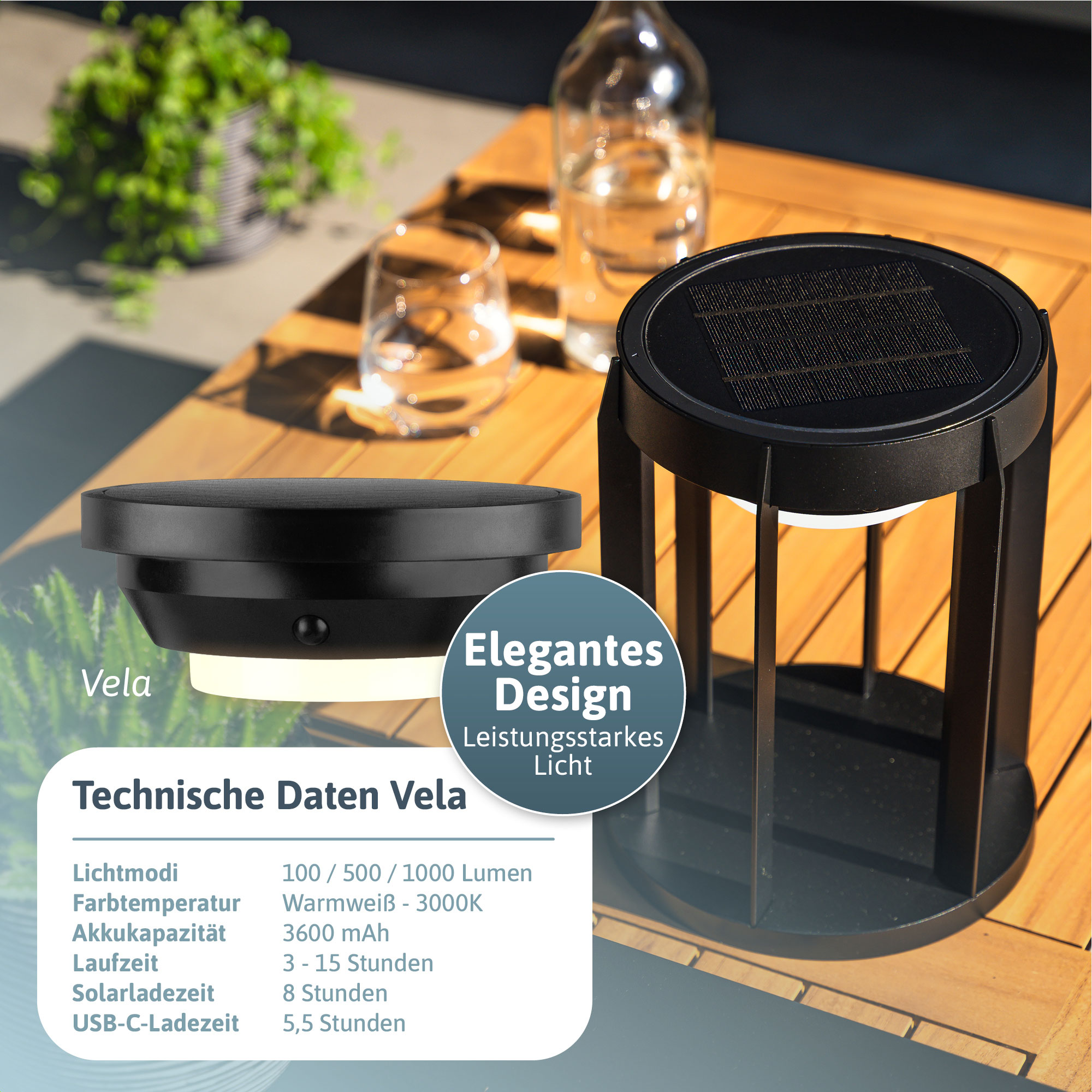 BRENDZ Solar LED-Tischleuchte, Vela & Ara, 100/500/1000 lm, 3000 K, IP65