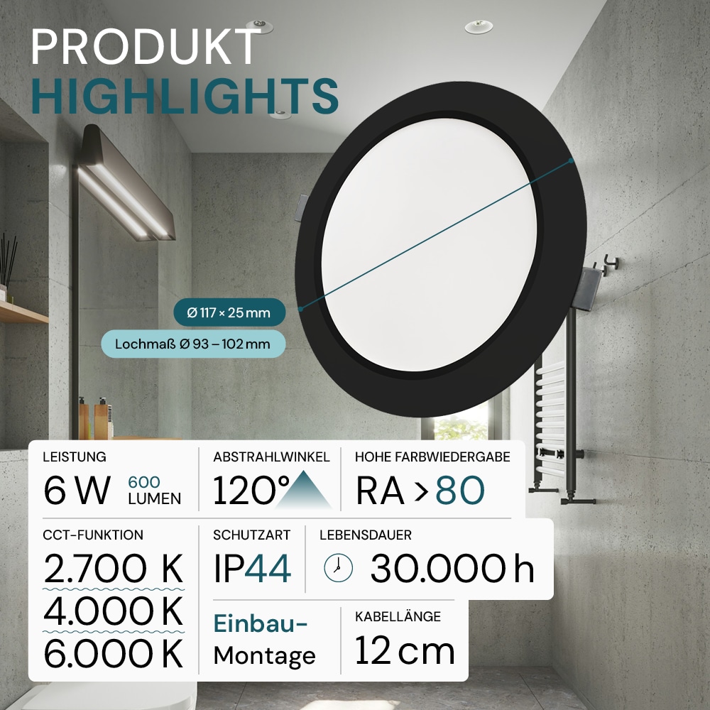 LUXULA LED-Einbauleuchte, 6W, EEK: F, 600lm, CCT, IP44, schwarz