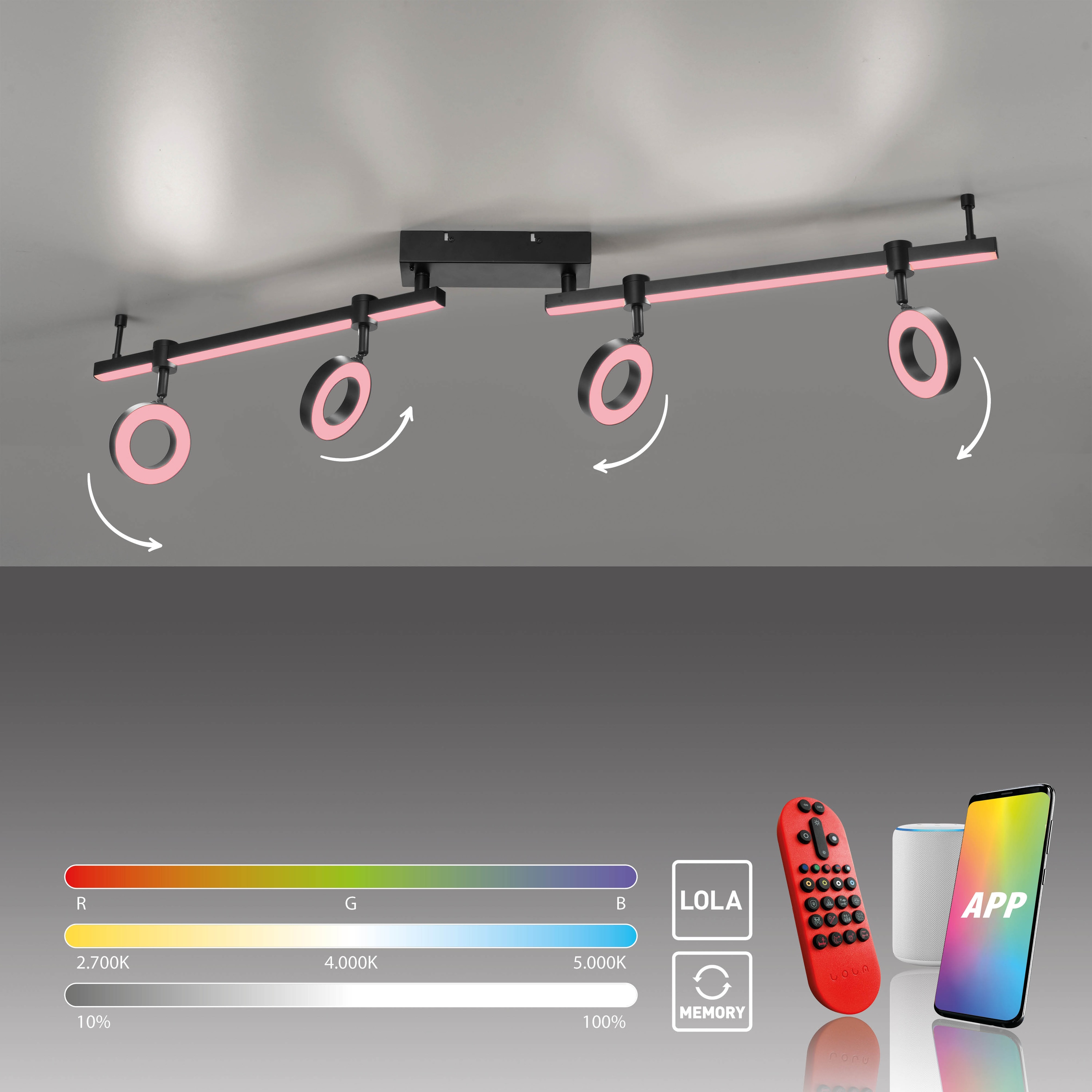 JUST LIGHT LED-Deckenleuchte 12076-18 schwarz, 21,5 W, 2600 lm, CCT, RGB, Smart Home