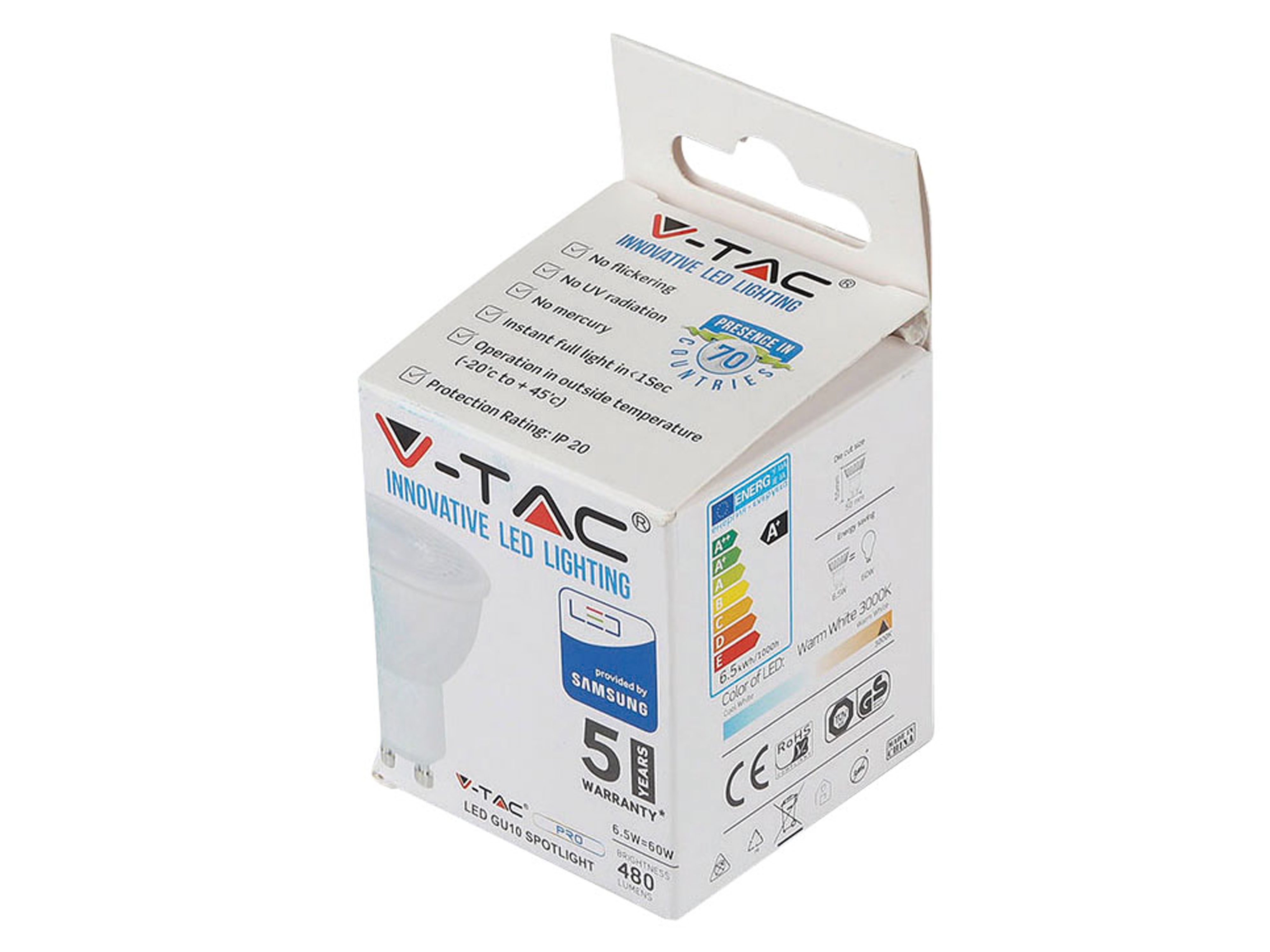 V-TAC LED-Lampe VT-247 (193), GU10, EEK: F, 6,5 W, 480 lm, 4000 K, 5 Stück V-TAC LED-Lampe VT-247 (193), GU10, EEK: F, 6,5 W, 480 lm, 4000 K, 5 Stück