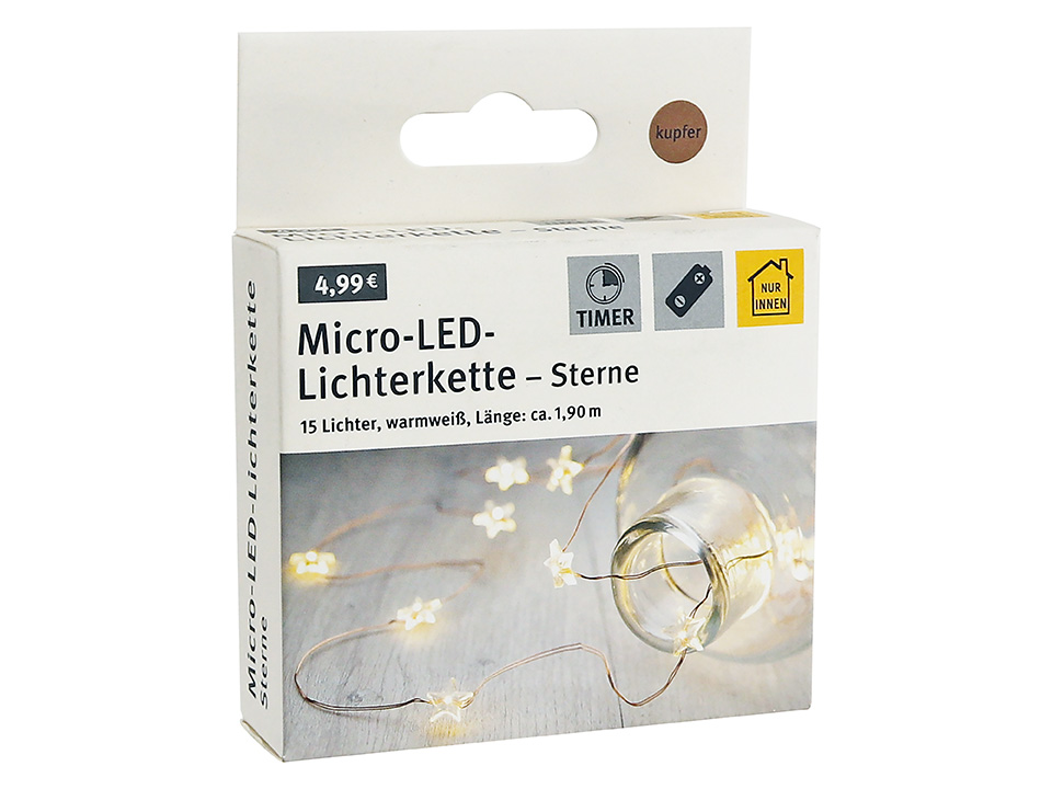 Micro-LED-Lichterkette, Sterne, 3 V, 15 LEDs, bronzedraht, warmweiß, 1,90 m