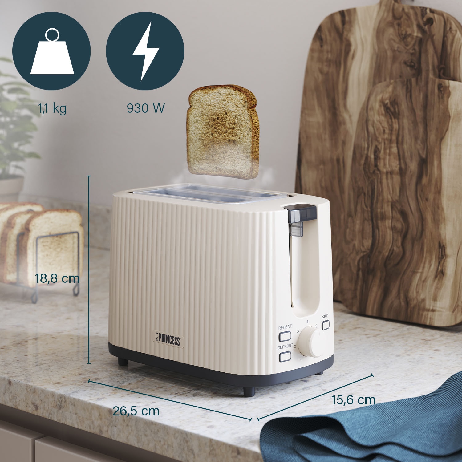 PRINCESS Toaster Wave, 2-Scheiben, 7 Stufen, automatische Abschaltung, 930W, beige