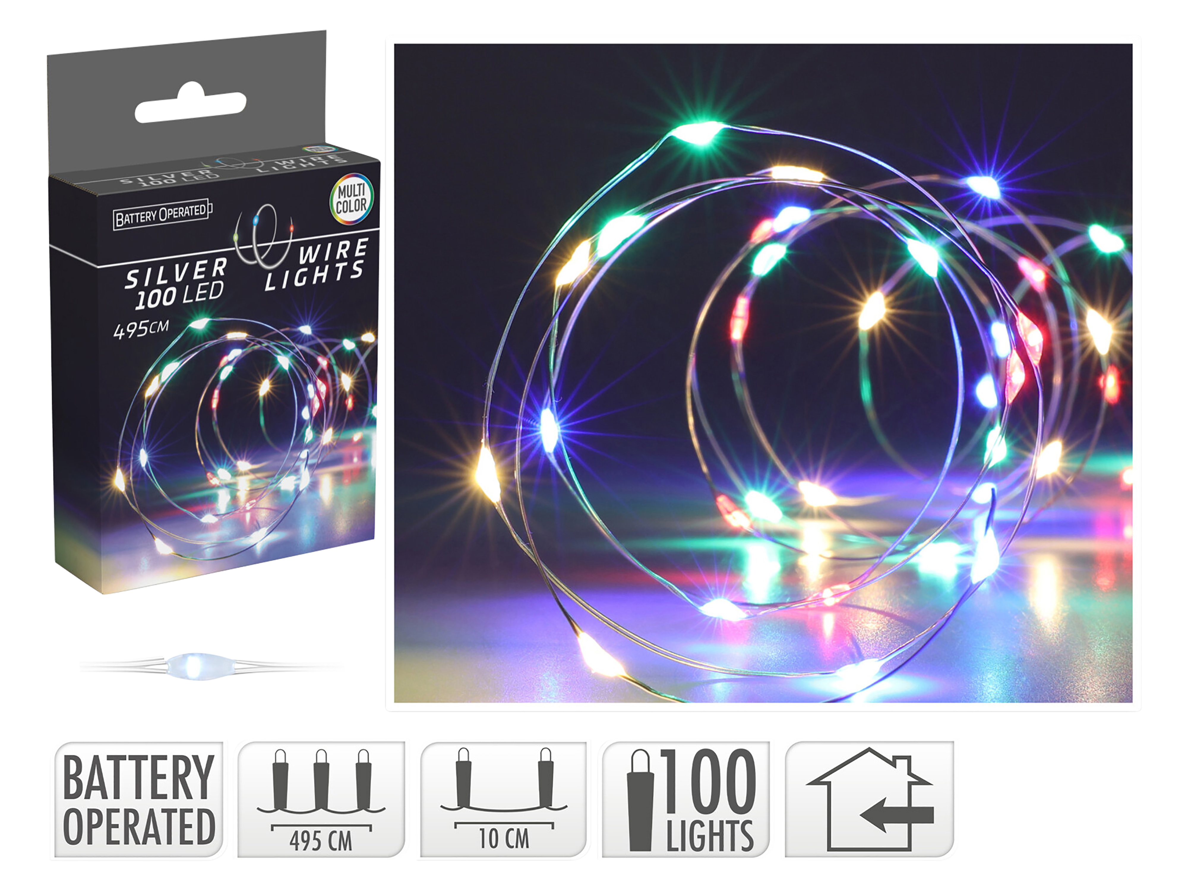 LED-Lichterkette, Silberdraht, 100 LEDs, bunt