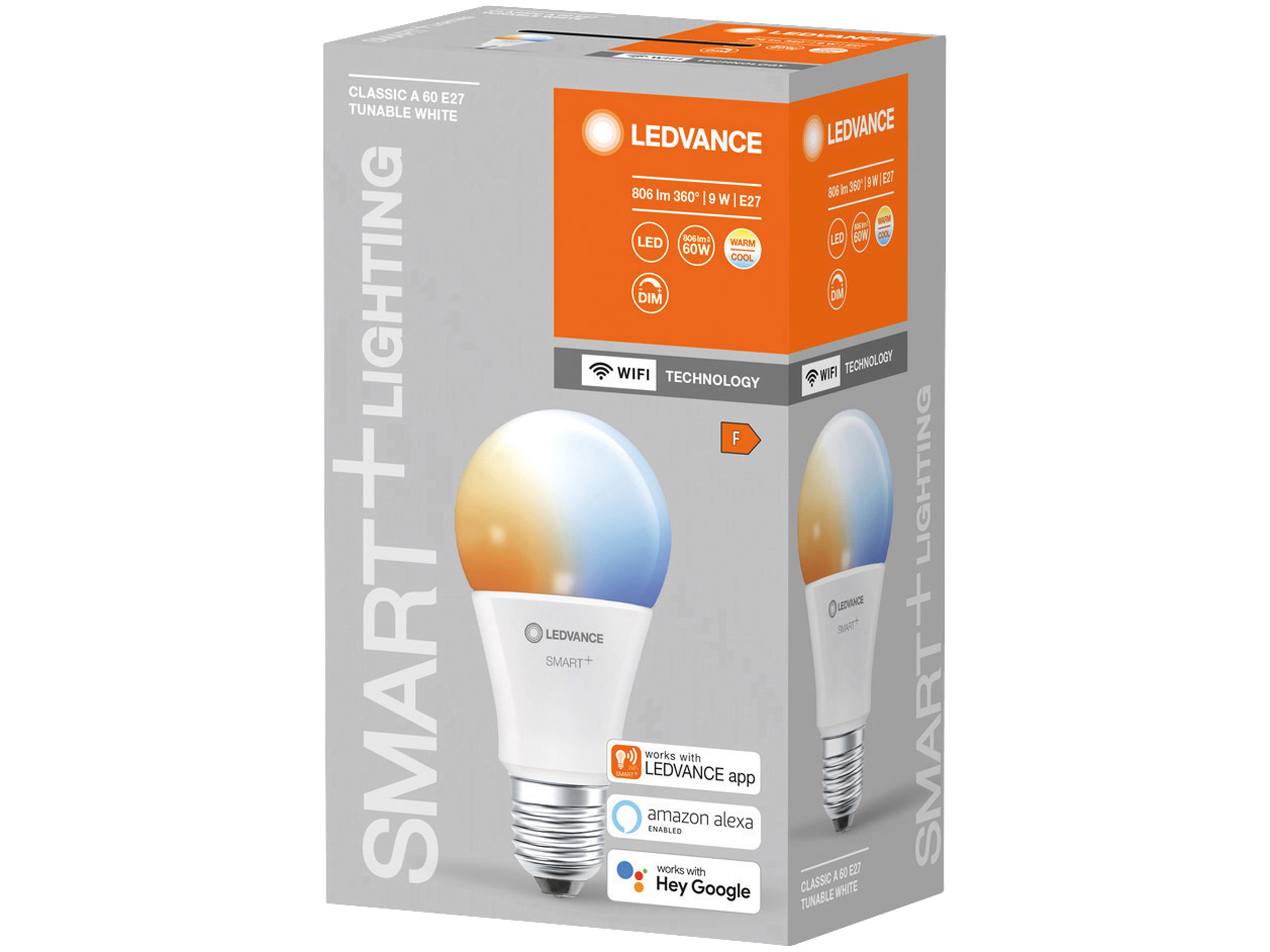 LEDVANCE LED-Lampe SMART+ WiFi Classic, A60, E27, EEK: F, 9 W, 806 lm, 2700…6500 K, Smart