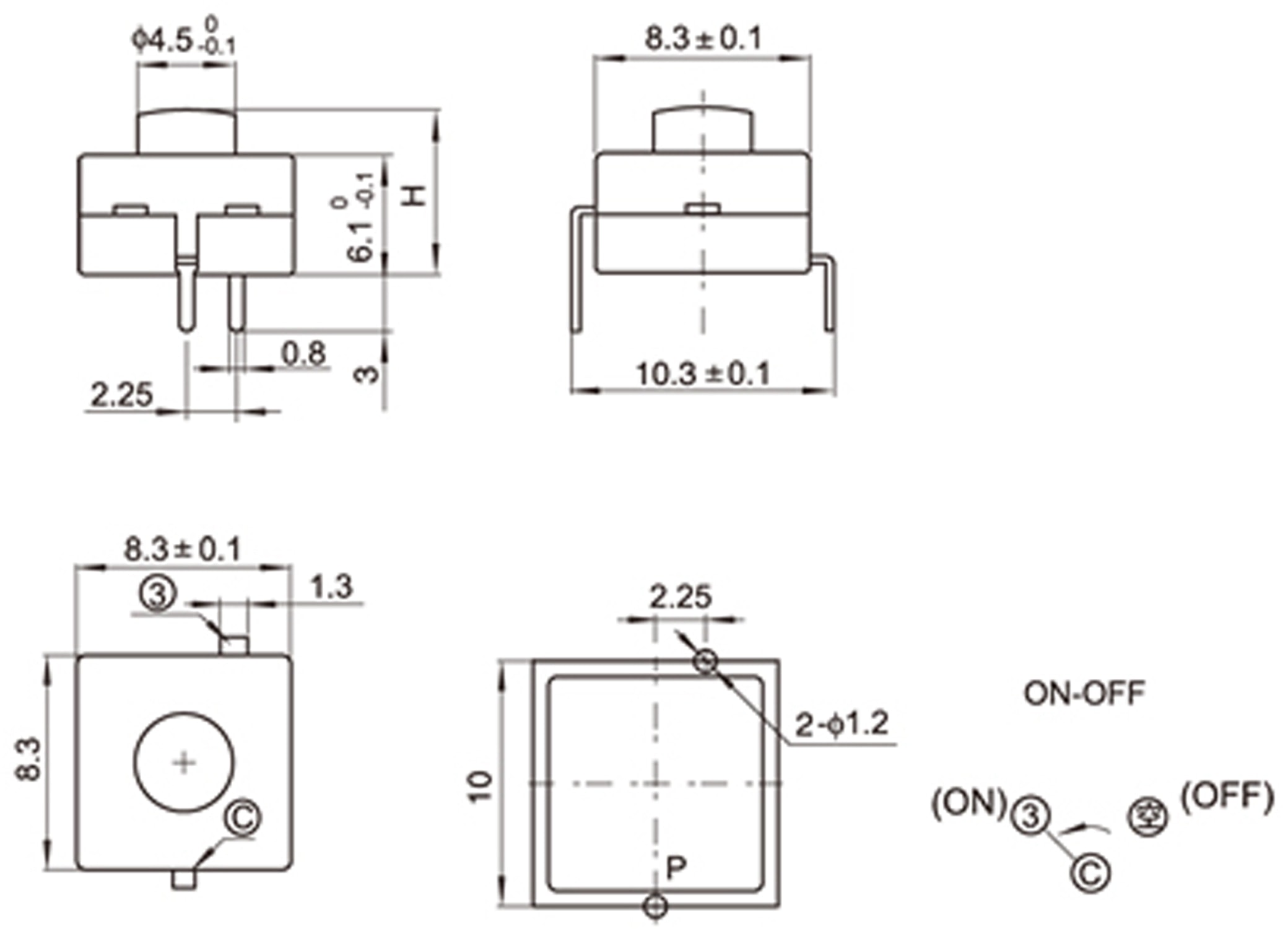 Miniatur-Druckschalter YT-8008-112A, 8,3x8,3 mm, Ein/Aus Miniatur-Druckschalter YT-8008-112A, 8,3x8,3 mm, Ein/Aus