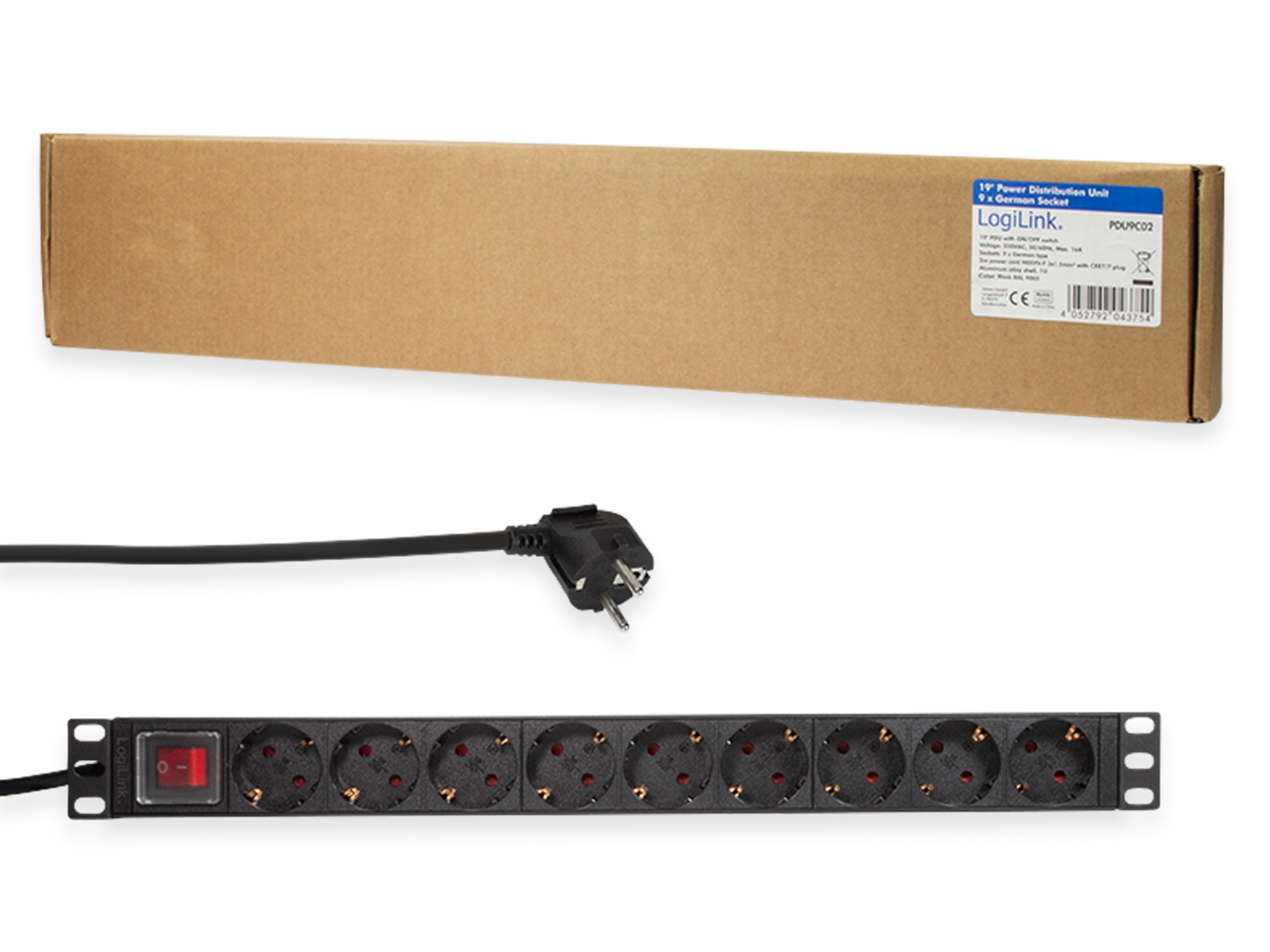 LOGILINK Steckdosenleiste 19", 9-fach, Schutzkontaktstecker, Schalter, schwarz